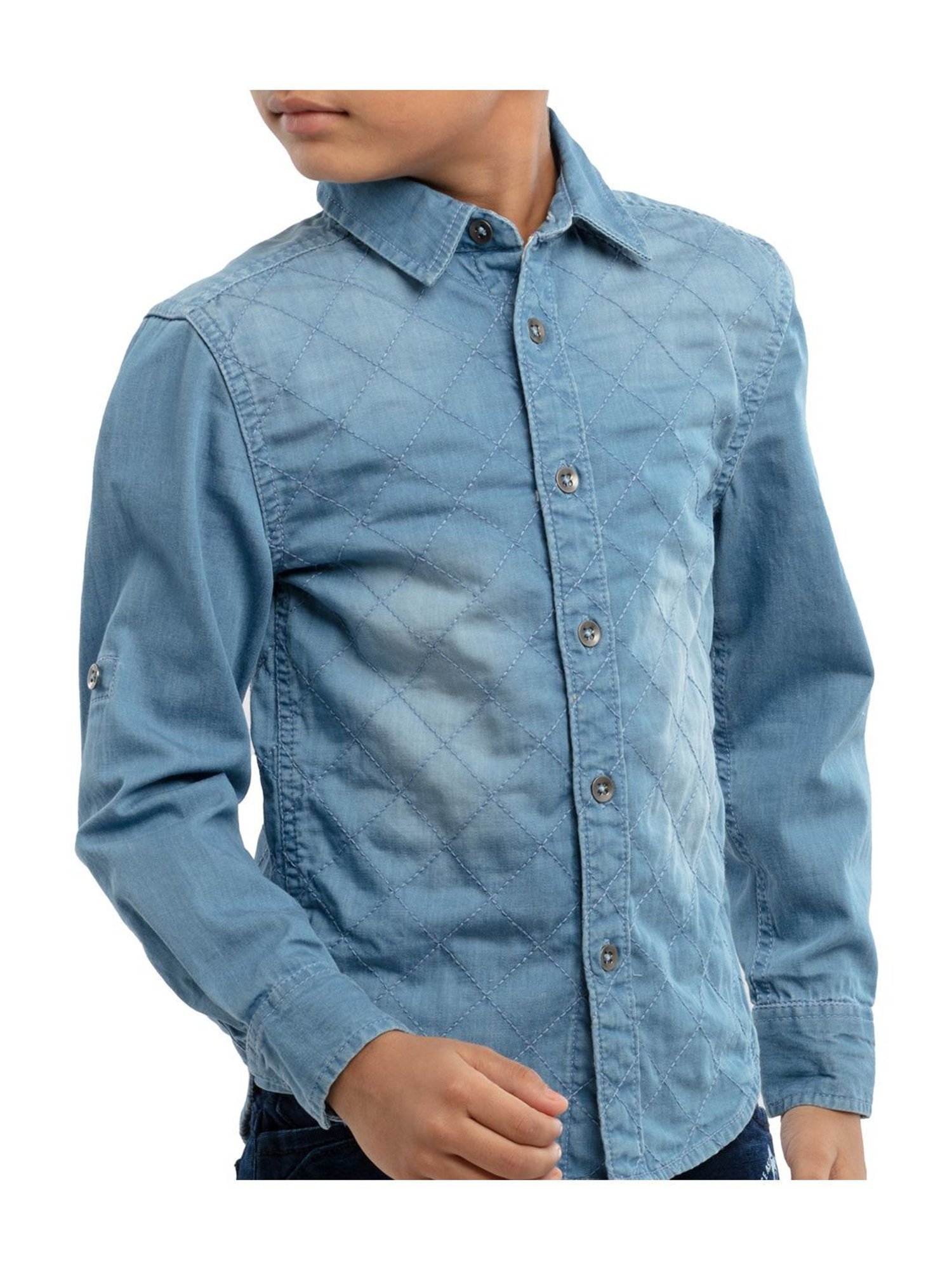 Under Fourteen Only Kids Blue Cotton Embroidered Full Sleeves Shirt