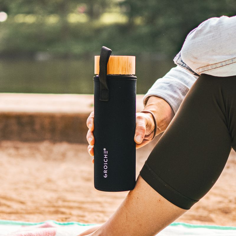 GROSCHE COPENHAGEN Double Walled Glass Tea Infuser Water Bottle, Insulated Bottle with Protective Sleeve, 14.3 fl oz. Capacity  