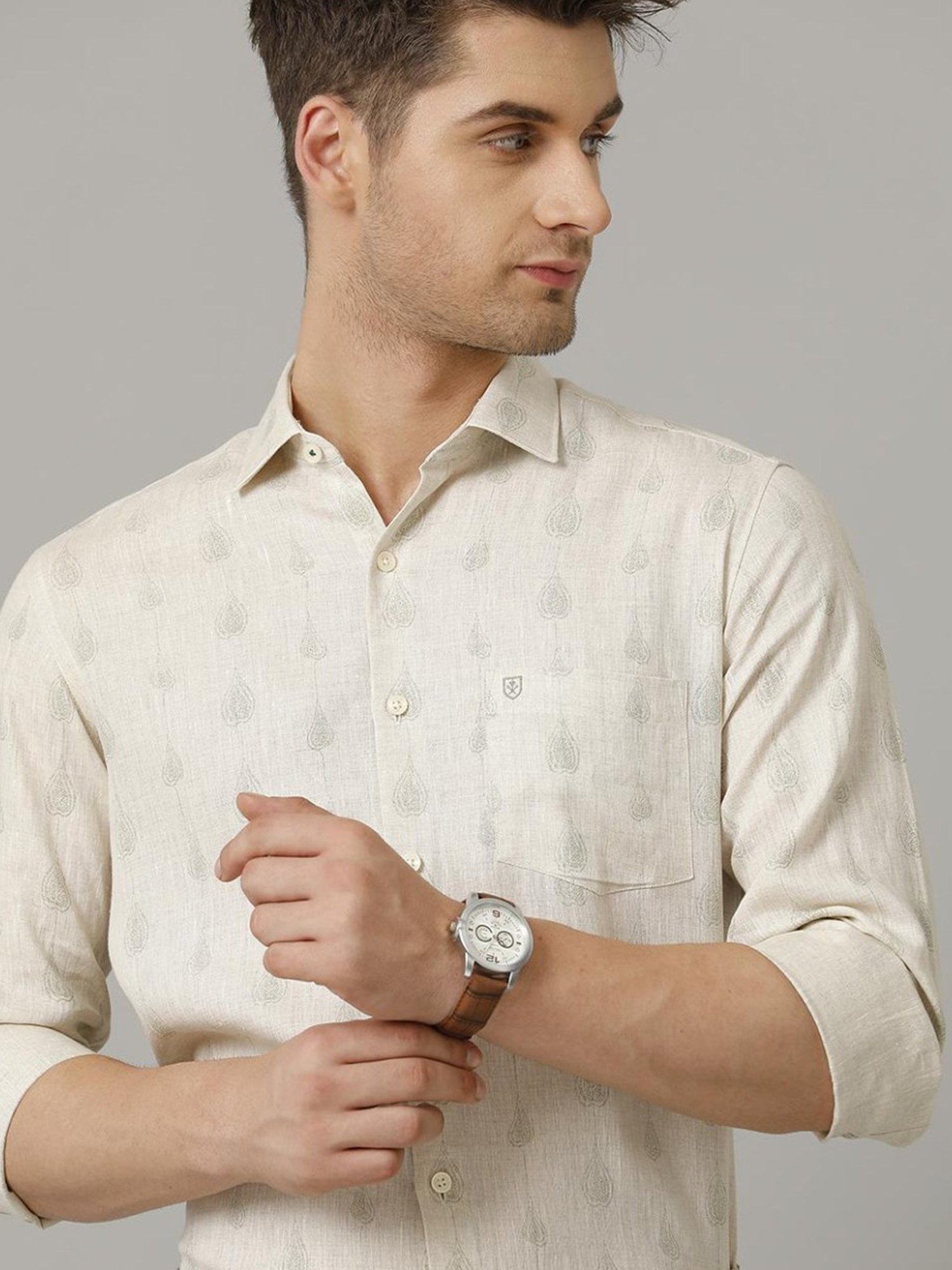 Linen Club Beige Linen Contemporary Fit Printed Shirt