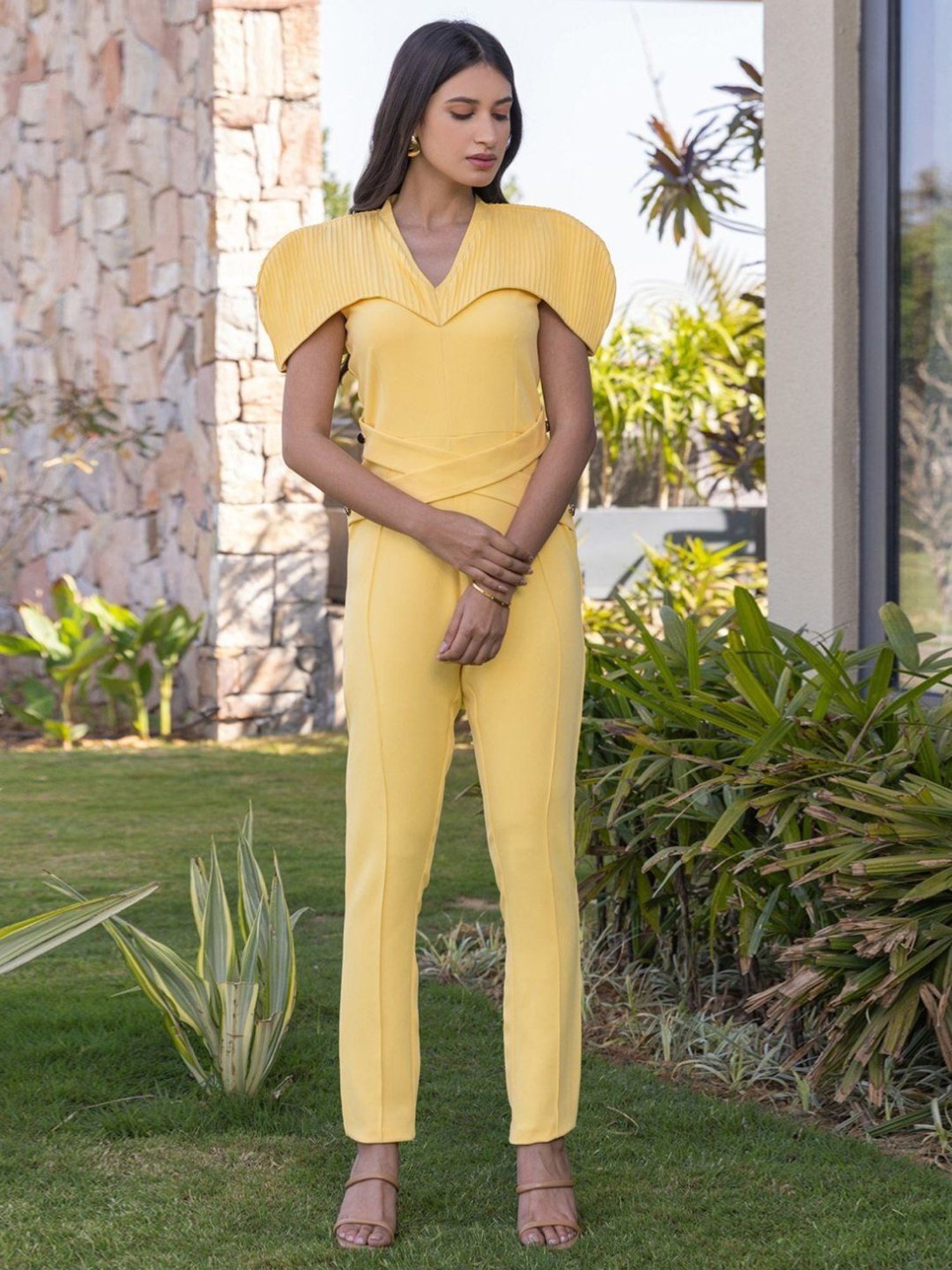 BInfinite Yellow Daffodil Pintex Jumpsuit