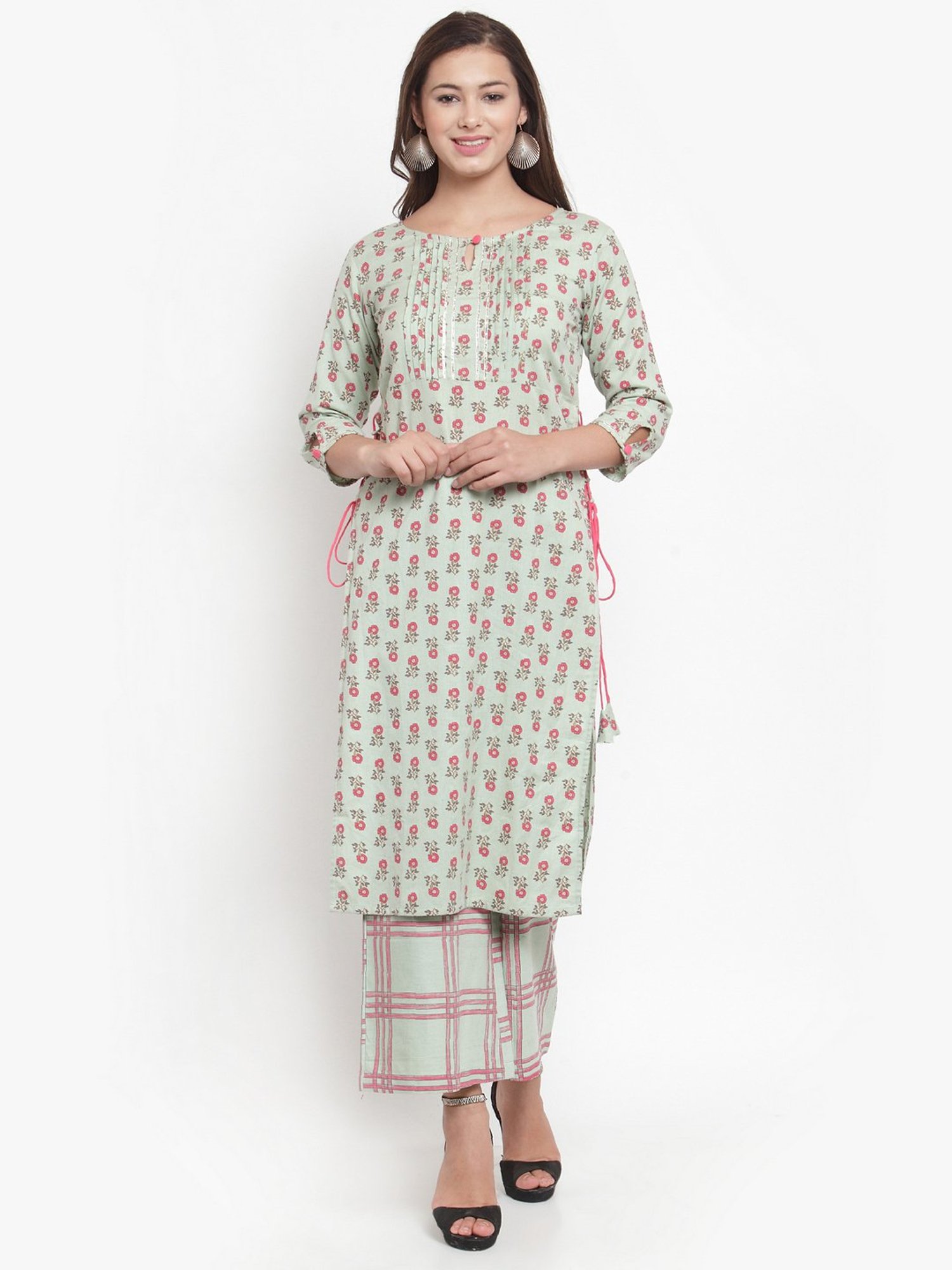 Indibelle Green Cotton Floral Print Straight Kurta