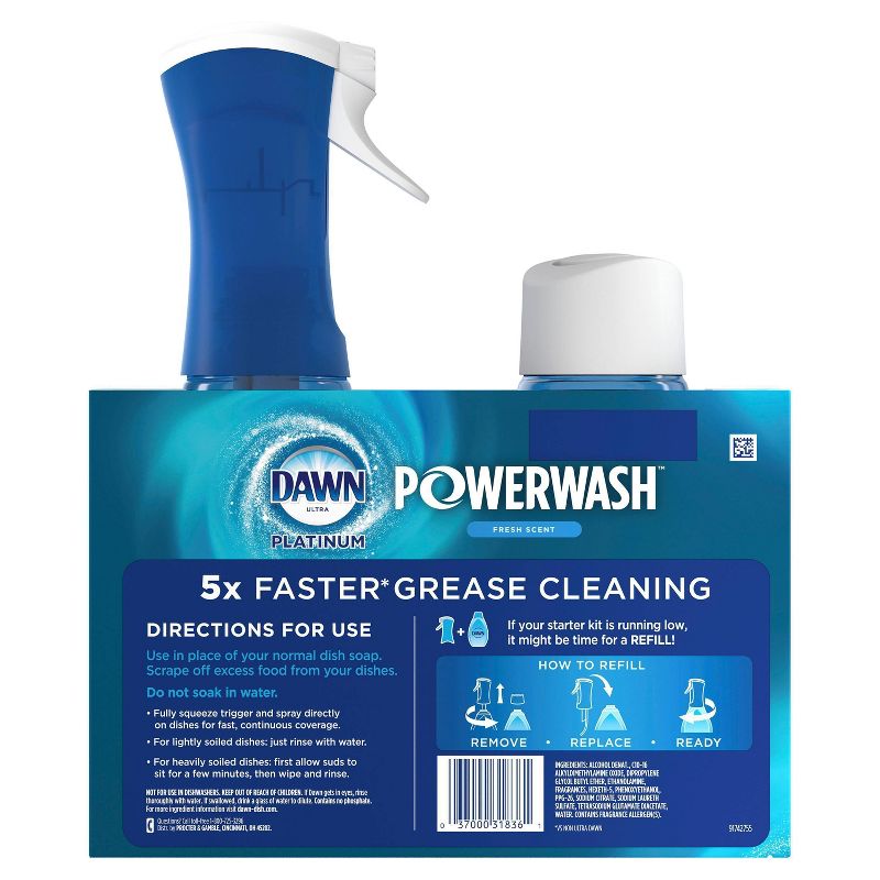 Dawn Platinum Powerwash Dish Spray, Dish Soap, Fresh Scent Bundle, 1 Starter-Kit (16 fl oz) plus 1 refill (16 fl oz ea)
