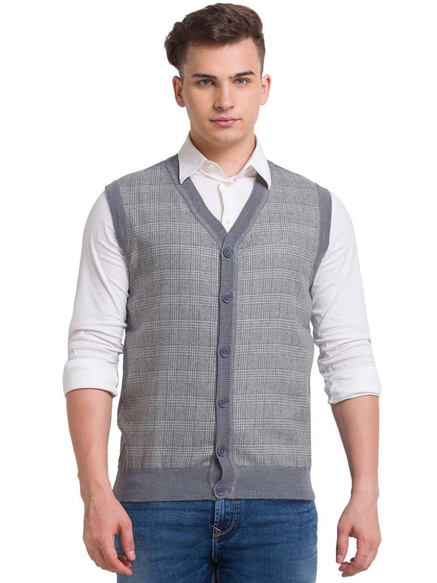 ColorPlus Grey Classic Fit Checks Sweater