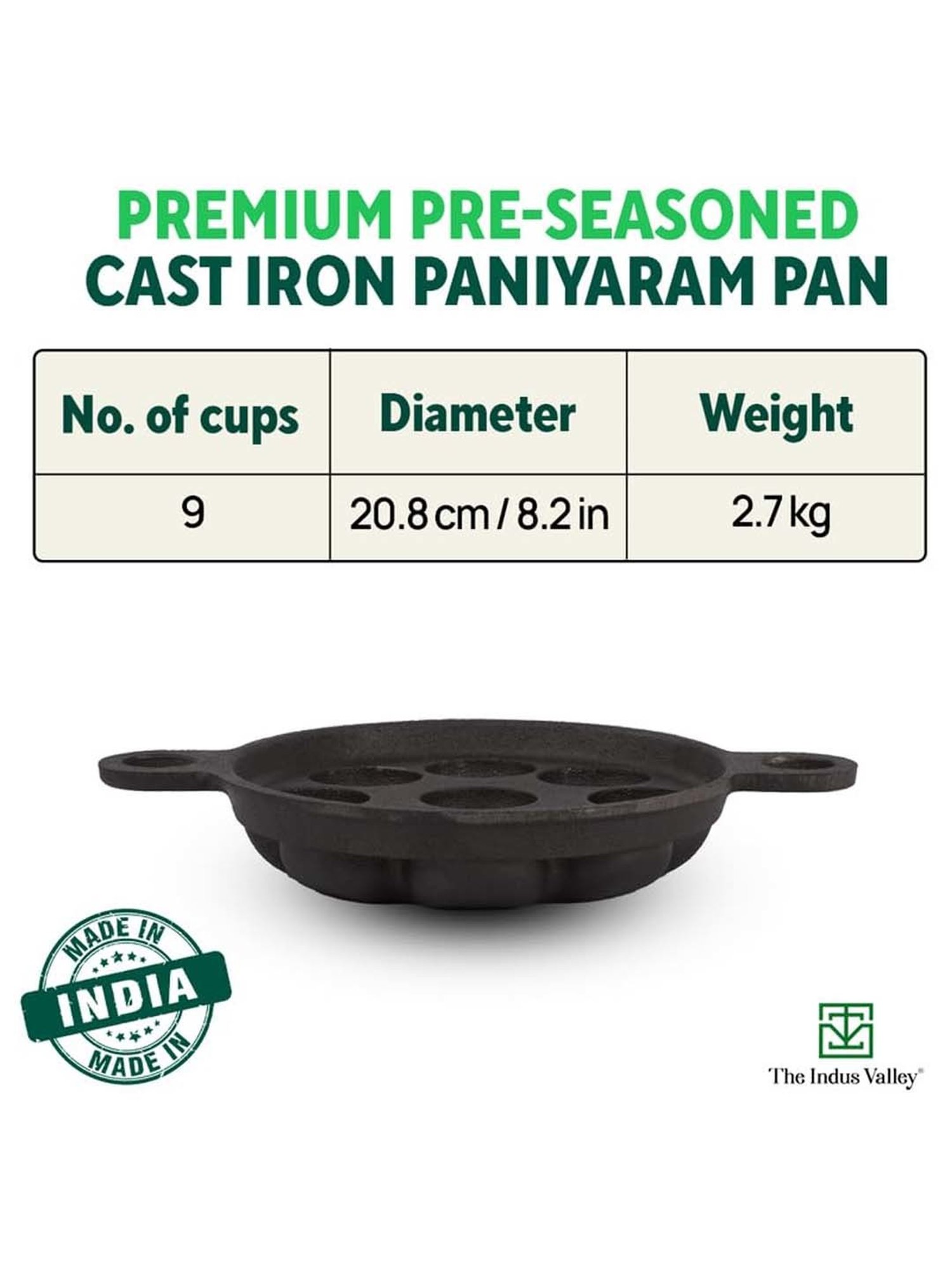 The Indus Valley Black Cast Iron 20.8cm 9-Pit Paniyaram Pan with Free Wooden Picker