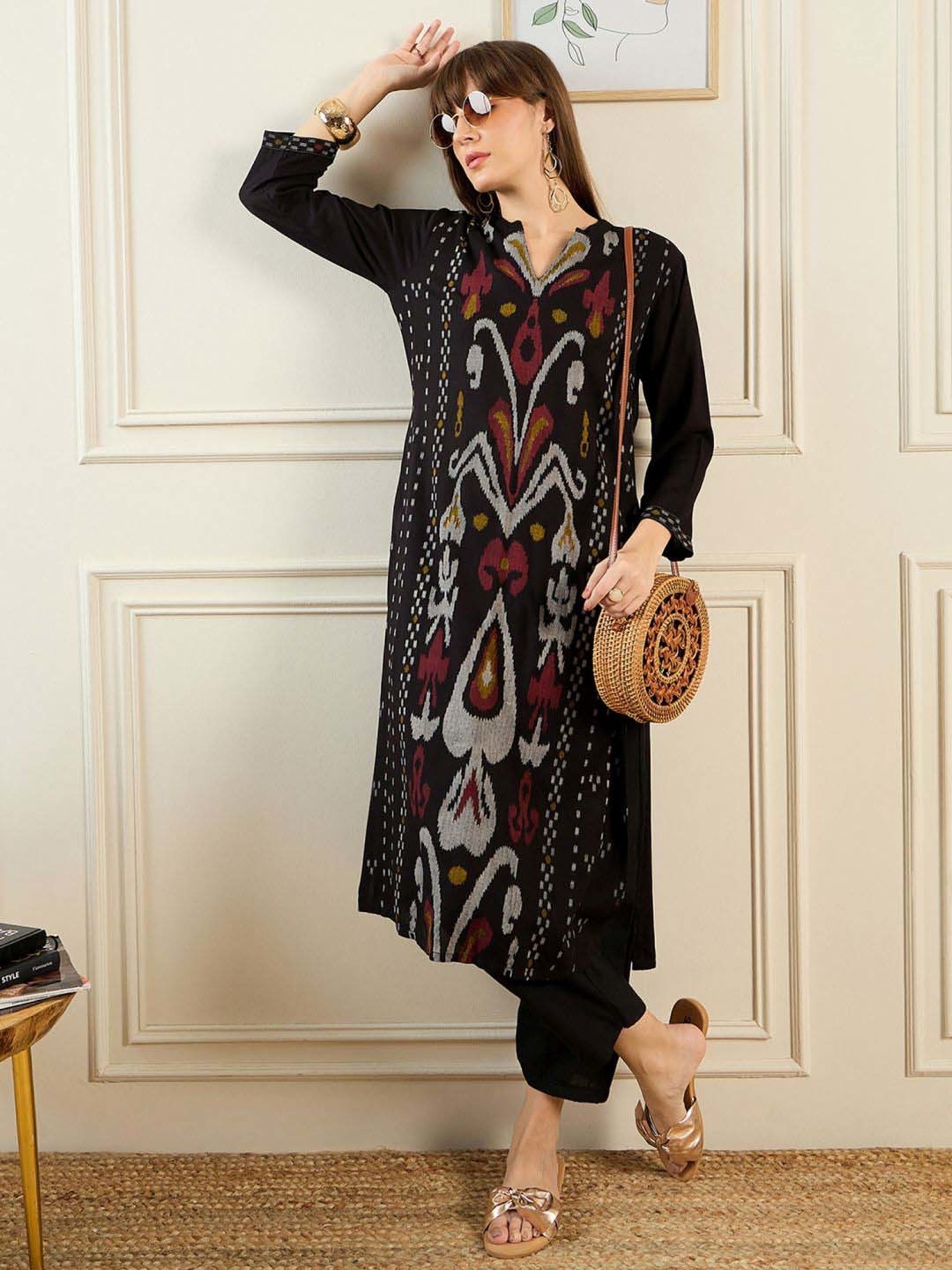 Indo Era Black Printed Straight Kurta