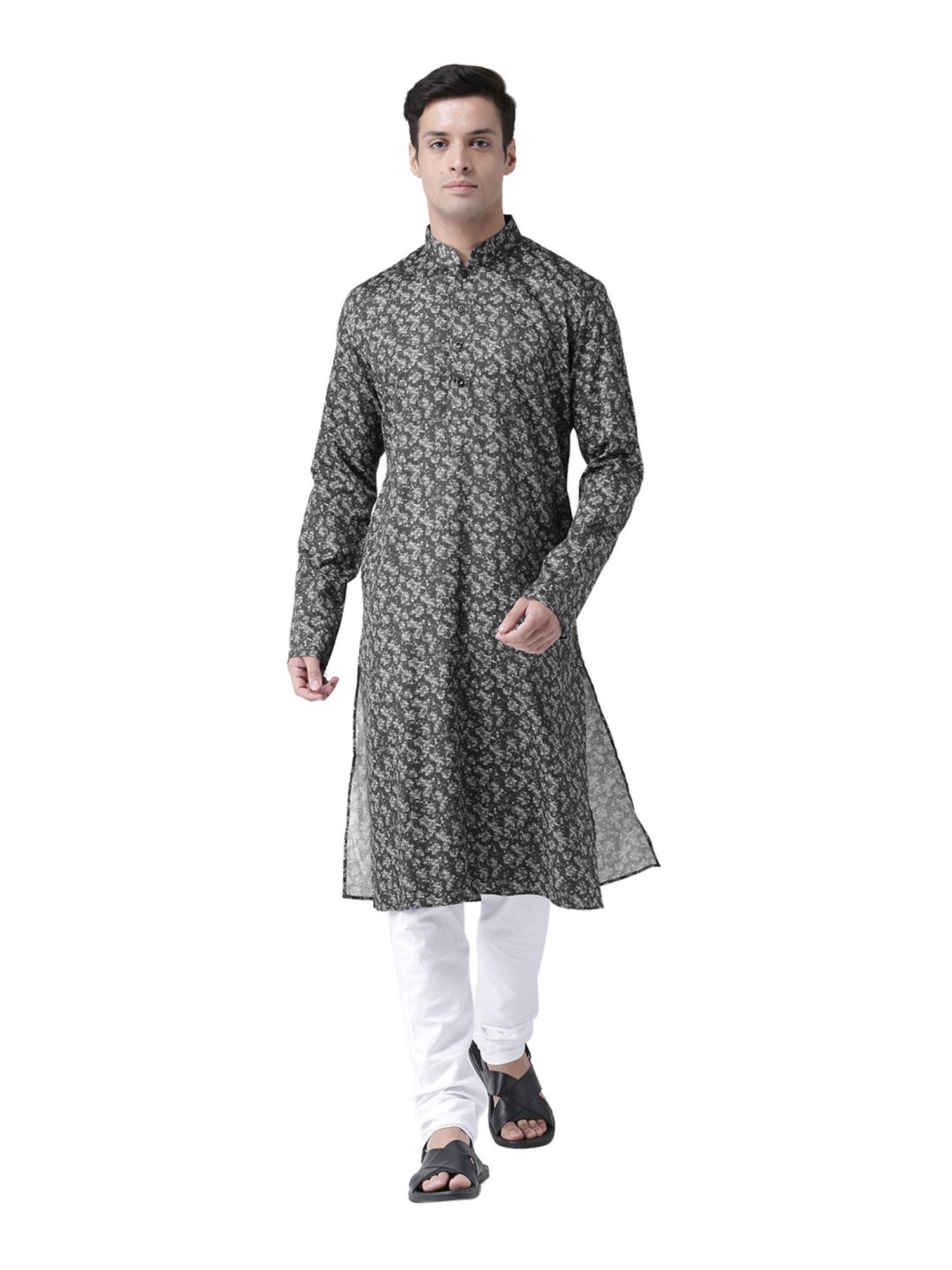 Deyann Black Linen Printed Full Sleeves Kurta Set