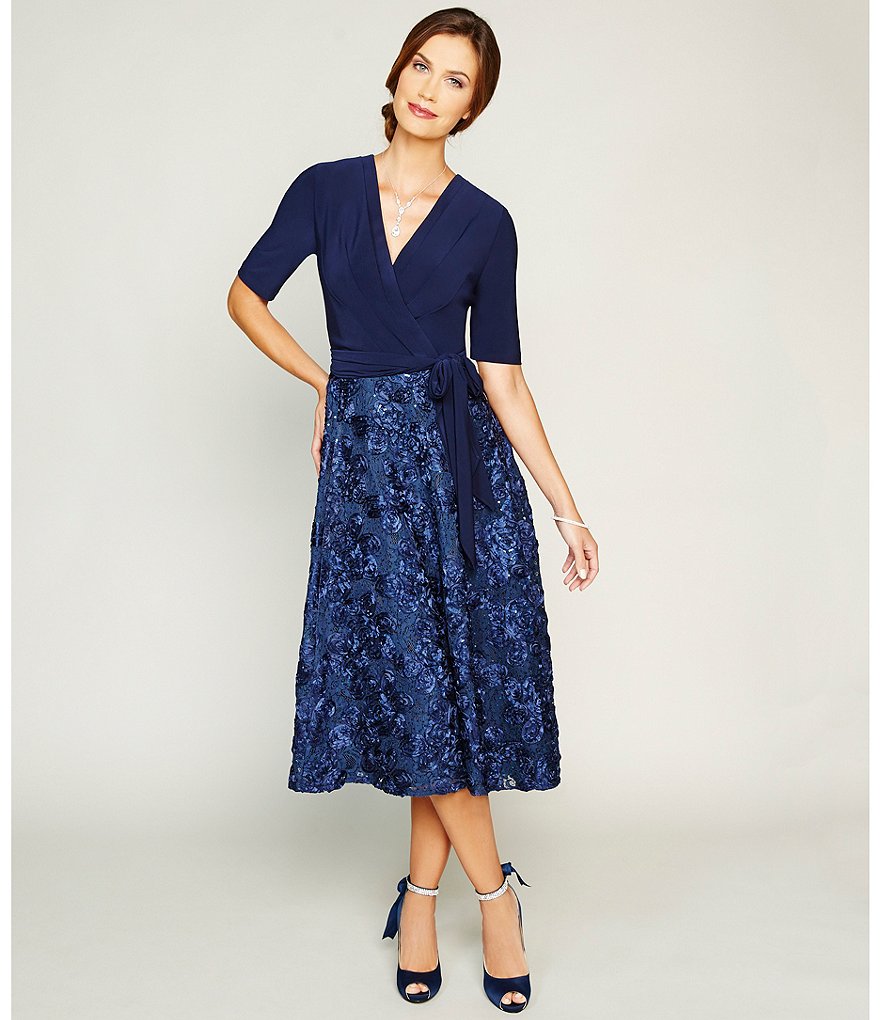 Alex Evenings Tea-Length Rosette Skirt Party Dress