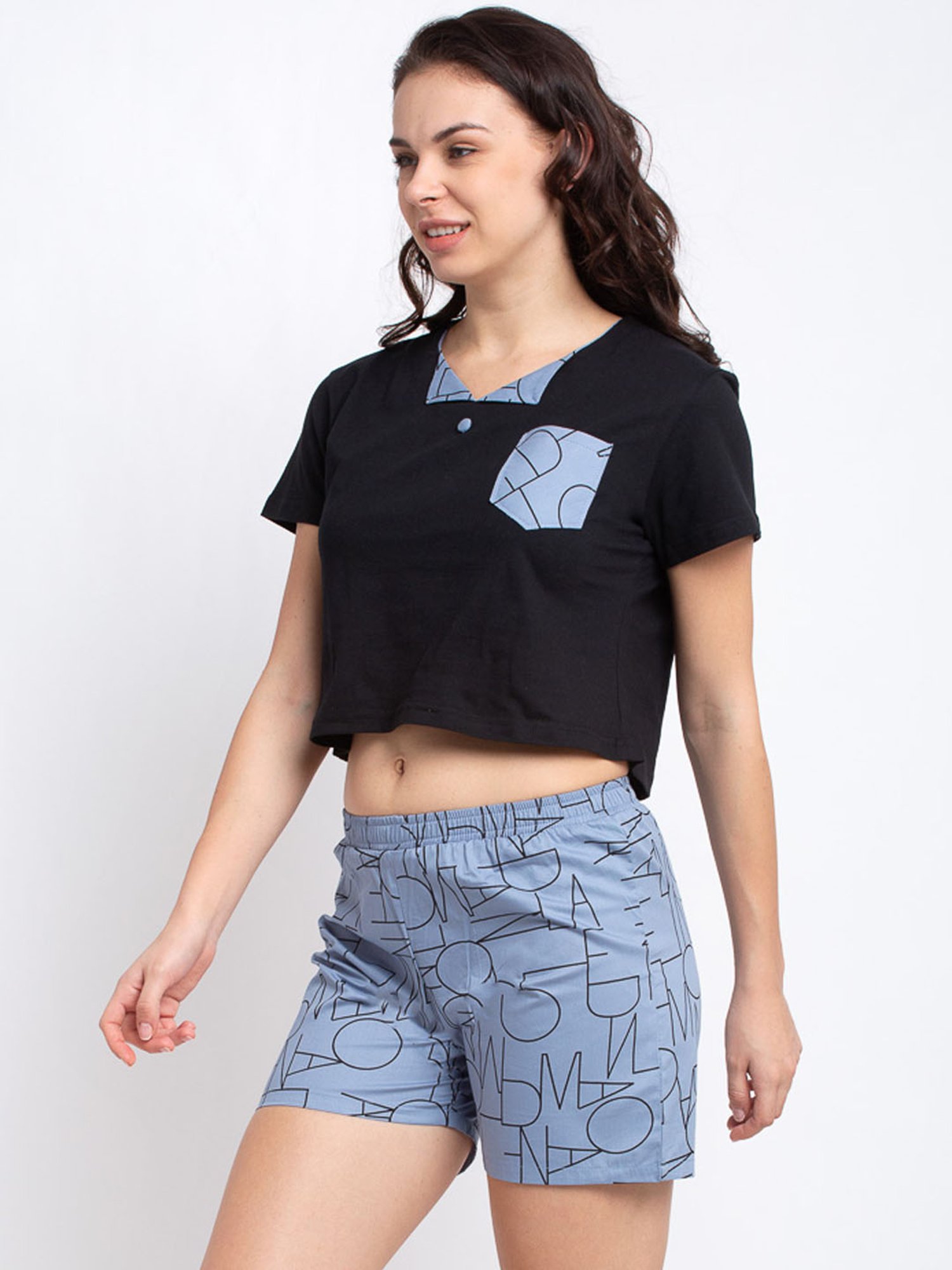 Boston Club Black & Blue Printed Crop Top With Shorts