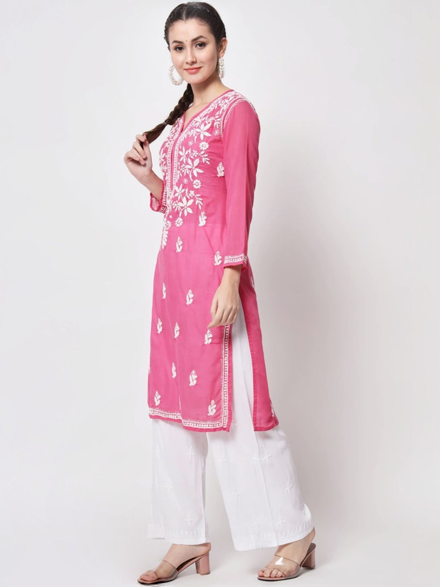 PARAMOUNT CHIKAN Hot Pink Cotton Hand Embroidered Chikankari Straight Kurta