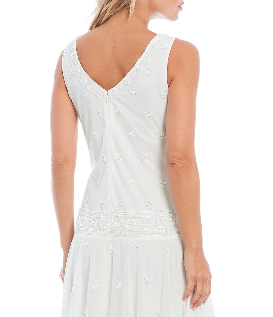 Jkara Sleeveless V-Neck Chiffon Beaded Bodice & Skirt Gown