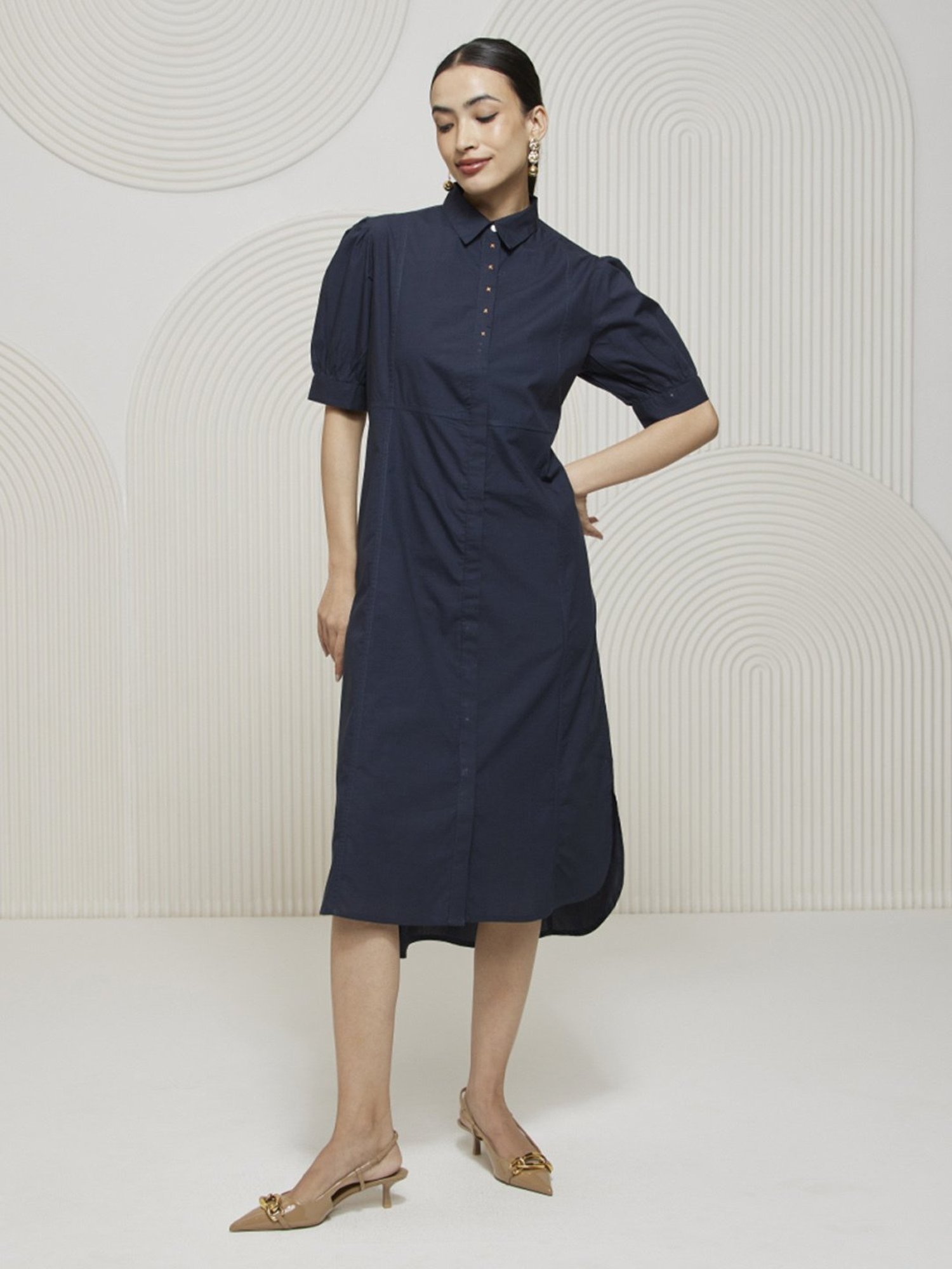 Artagai Midnight Navy Elevated Basics Front Open Calf Length Dress