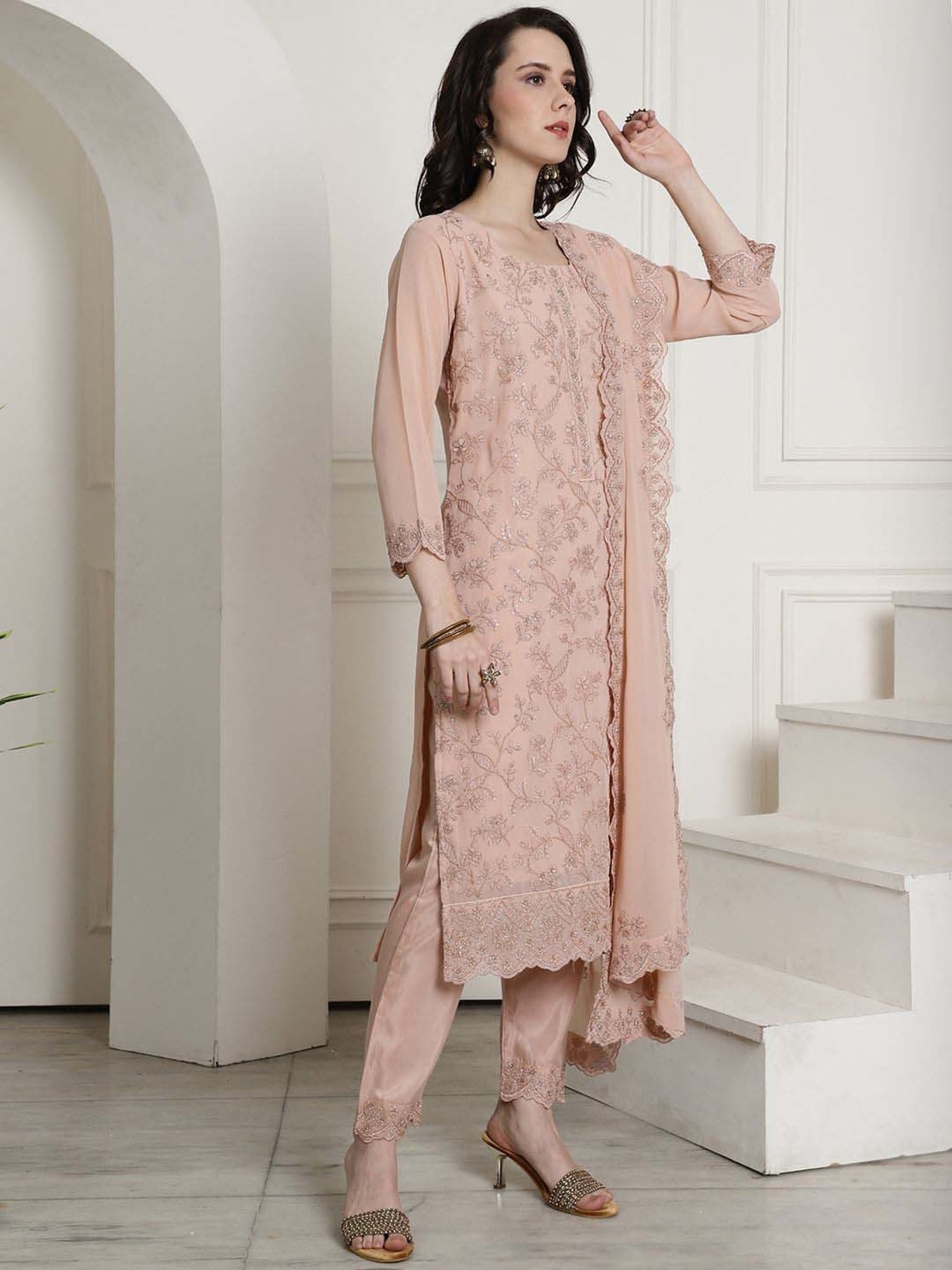Stylee LIFESTYLE Peach Embroidered Unstitched Dress Material