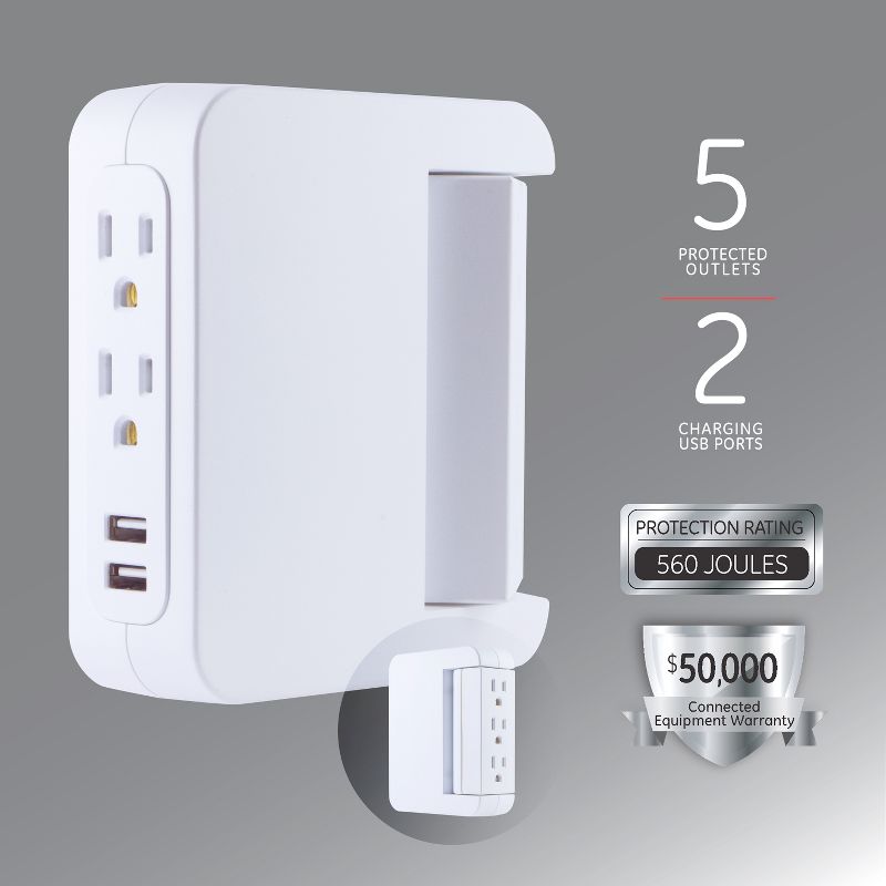 General Electric Pro 5 Outlet Sur Protector Wall Tap With Swivel Access White