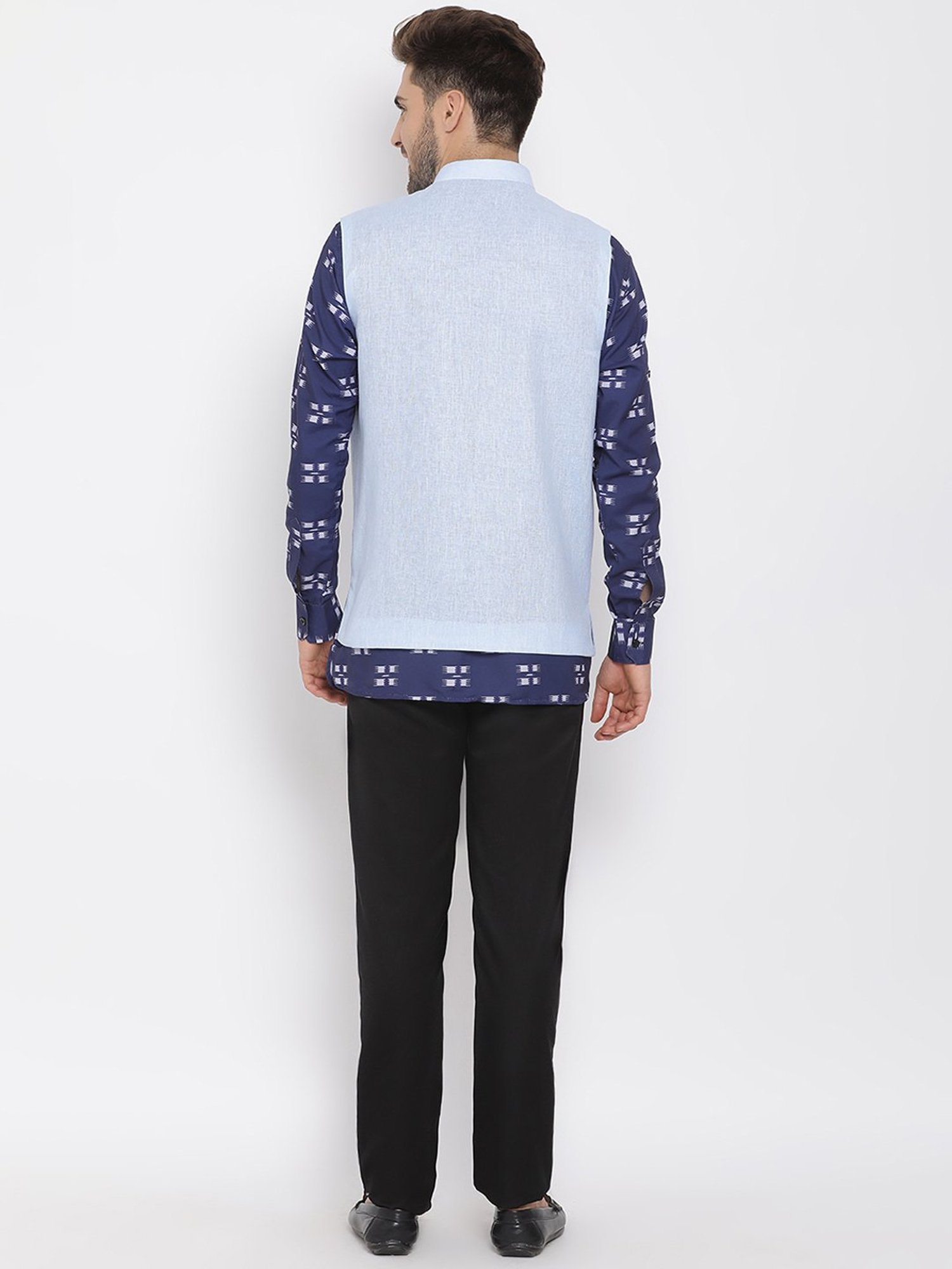 Hangup Plus Navy & Black Regular Fit Linen Short Kurta & Trousers Set With Nehru Jacket