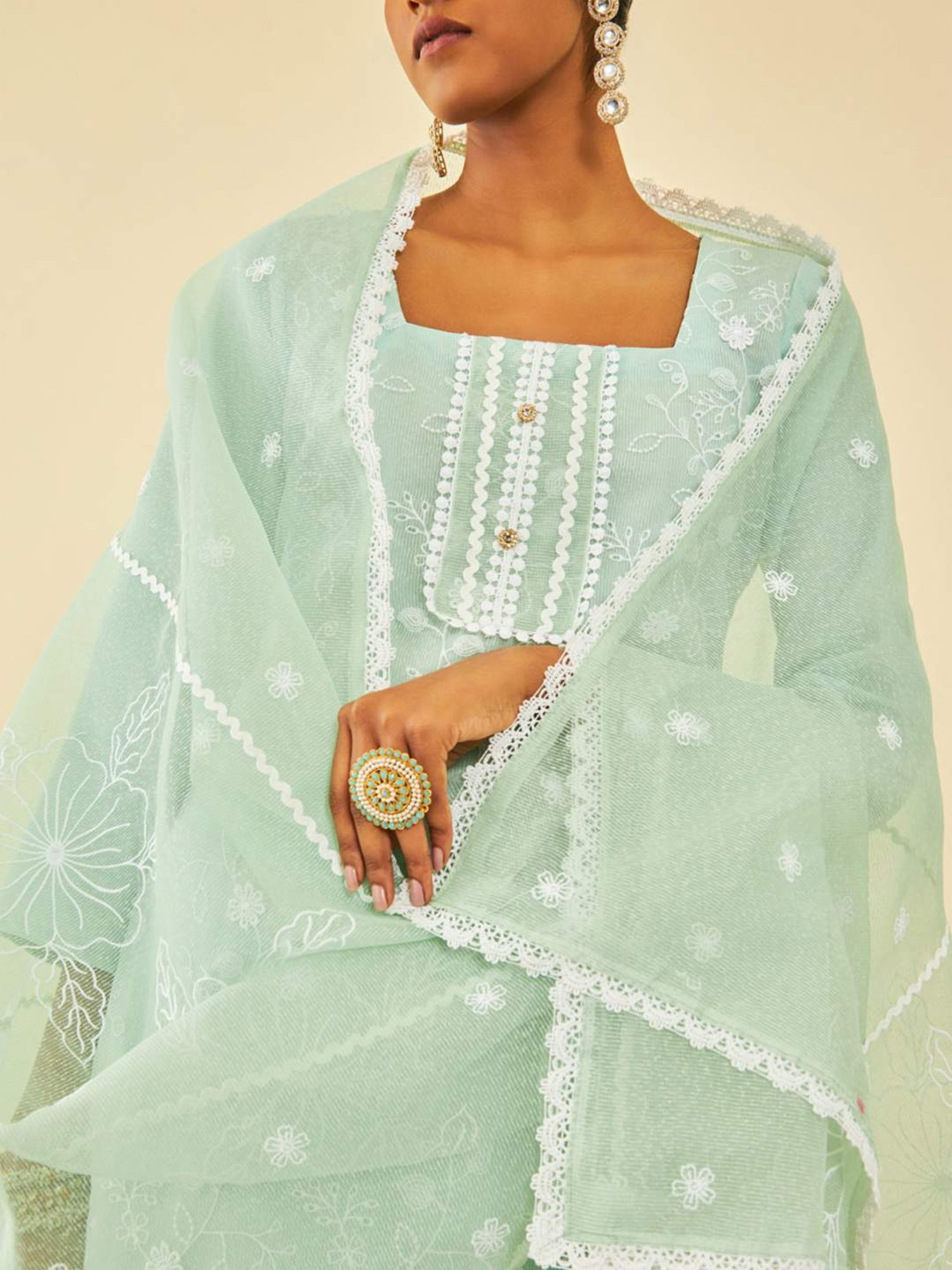 Soch Sap Green Kota Embroidered Unstitch Dress Material With Lace Details