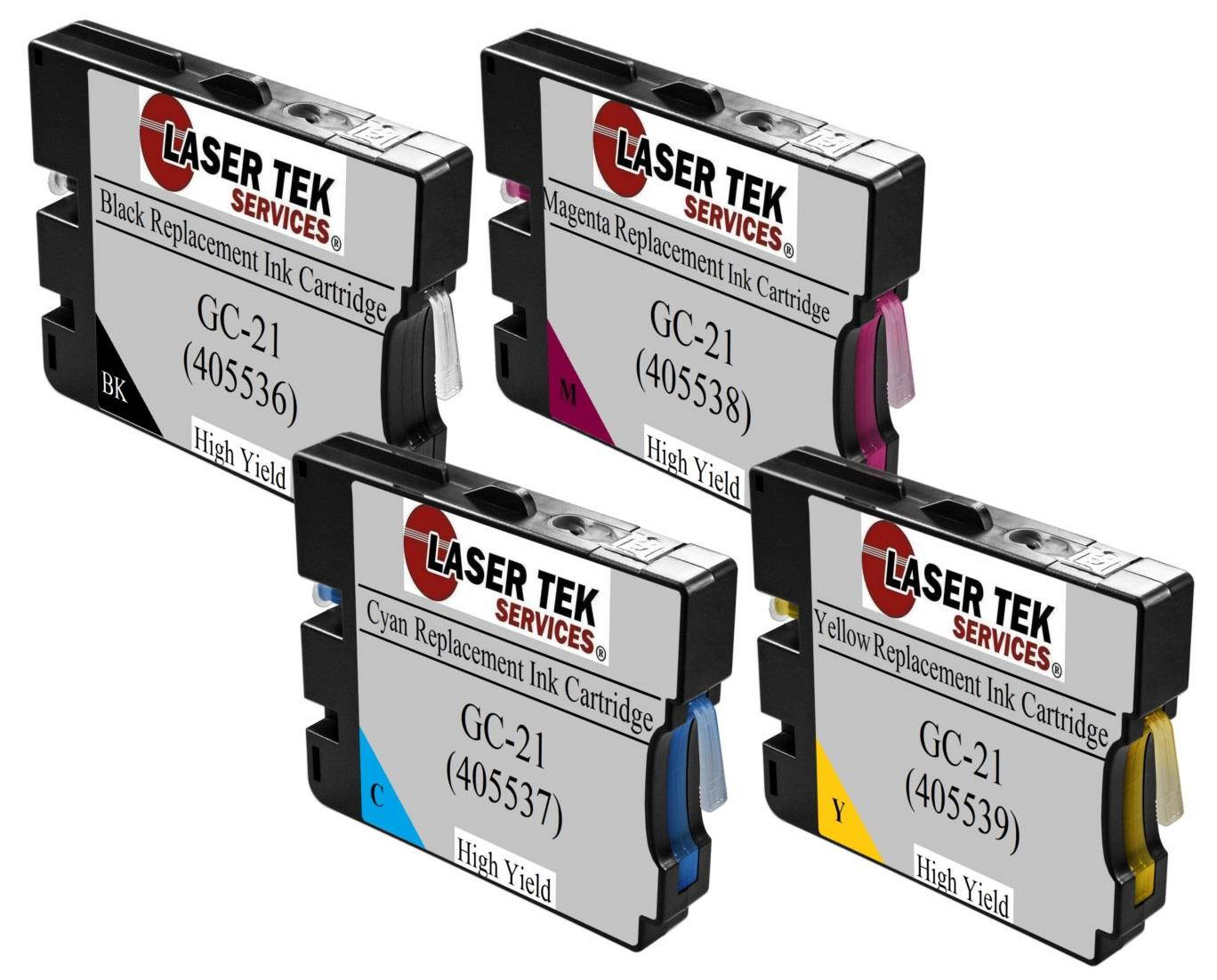 Laser Tek Services &reg; 4PK Remanufactured Ricoh GC21 Replacement Ink Cartridges (BK 405536,C 405537,M 405538,Y 405539)