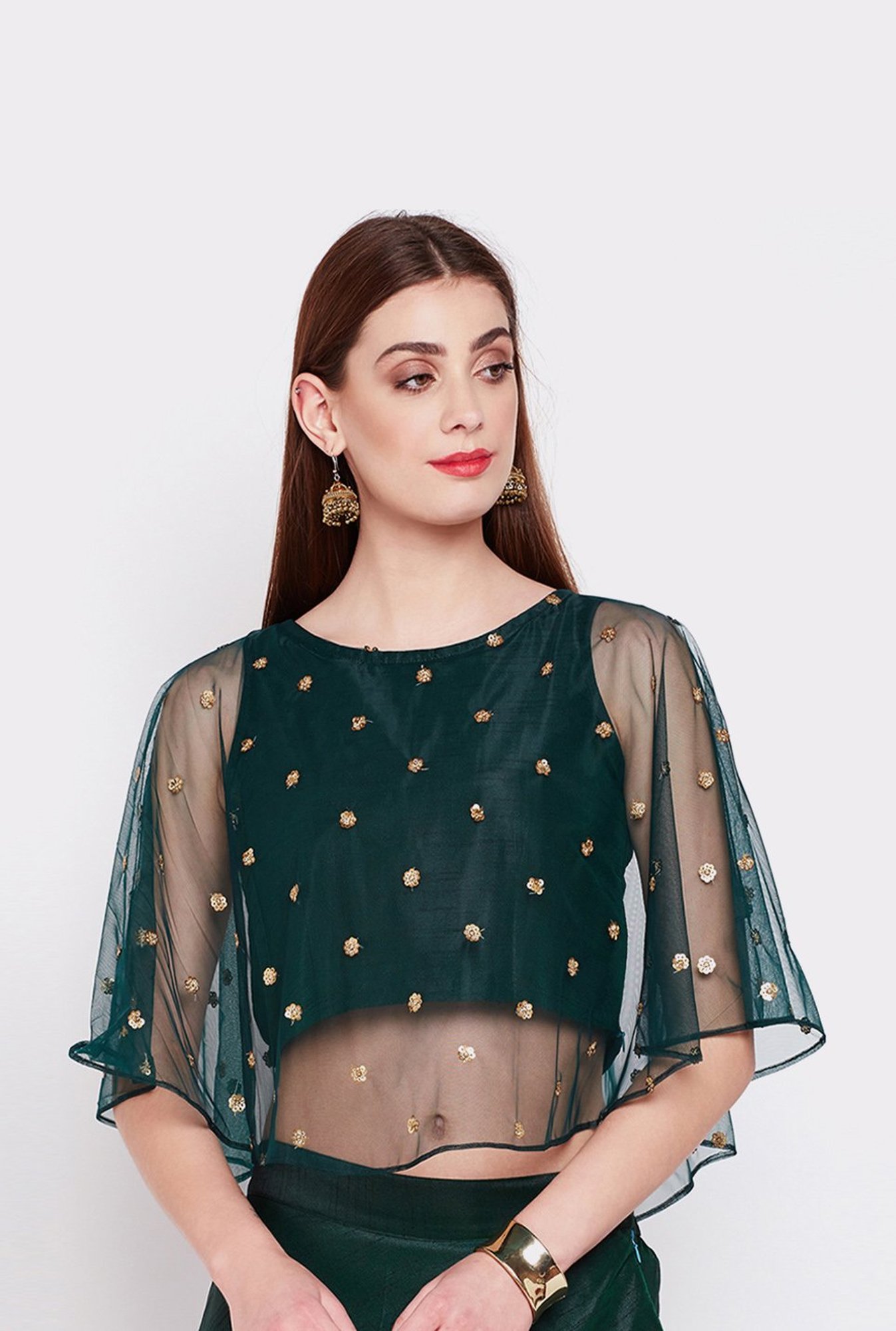 Studio Rasa Green Embellished Cape Top