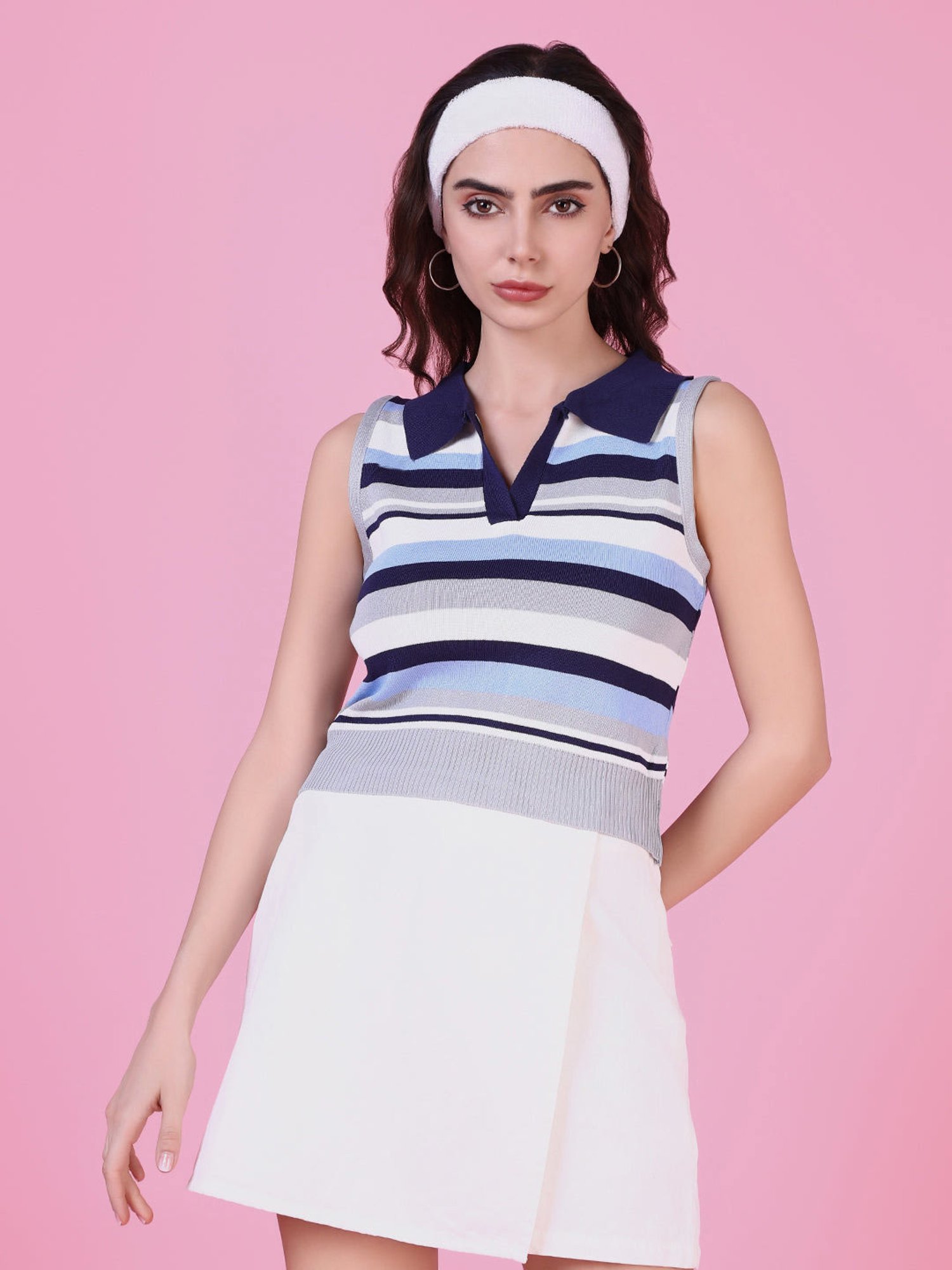 SHOWOFF Navy & White Striped Crop Top