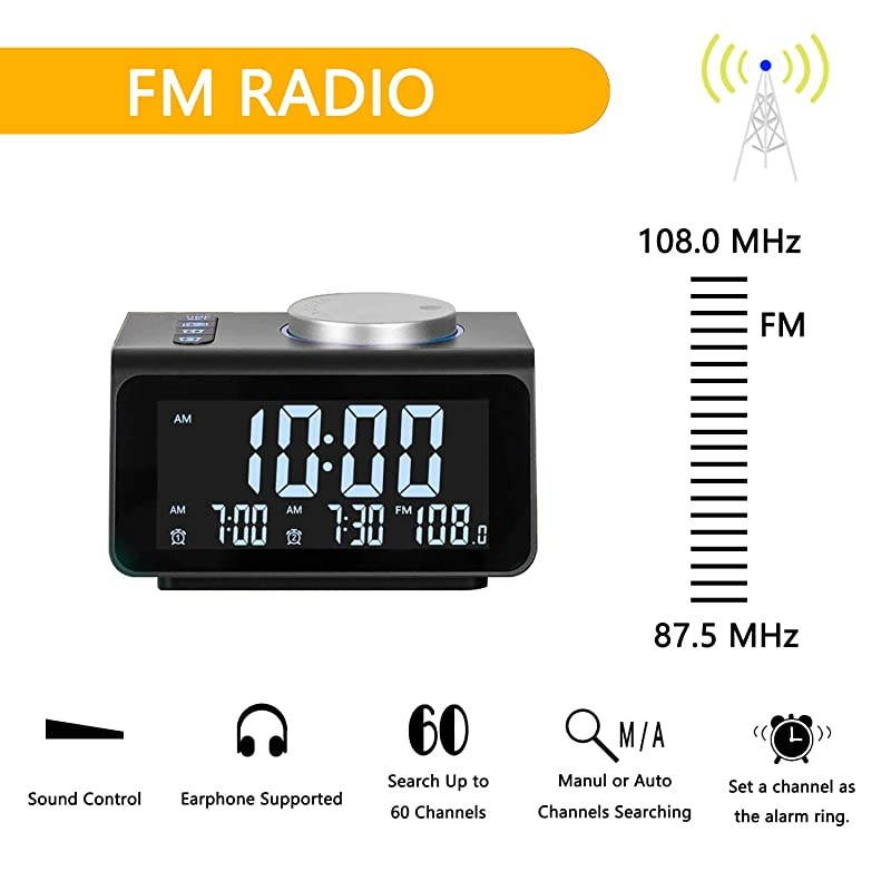 Digital Alarm Clock with FM Radio Dual USB Charging Ports Temperature Detect Dual Alarms Snooze 5Level Brightness Dimmer Batteries Operated for Bedroom Small Sleep Timer