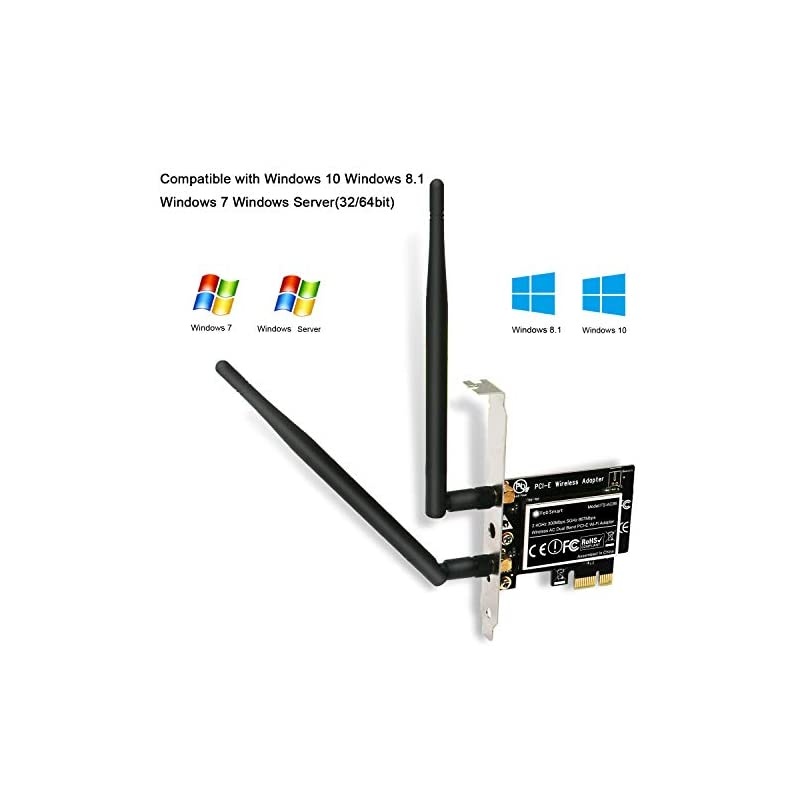 Wireless AC Dual Band AC1200 (2.4GHz 300Mbps or 5GHz 867Mbps) PCIE Wi-Fi Adapter for Windows Server,7,8,8,1,10(32/64bit) Desktop PCs Online Gaming and Video Streming-PCIe WiFi Card(FS-AC86)