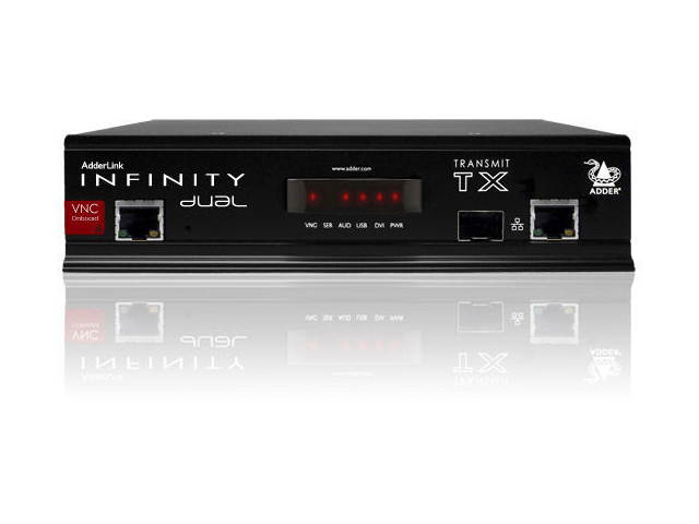 AdderLink INFINITY Dual Transmitter with built-in RealVNC - Dual head or Dual Link DVI, USB and audio extension over Gigabit ethernet or Fiber. ALIF2112T-US