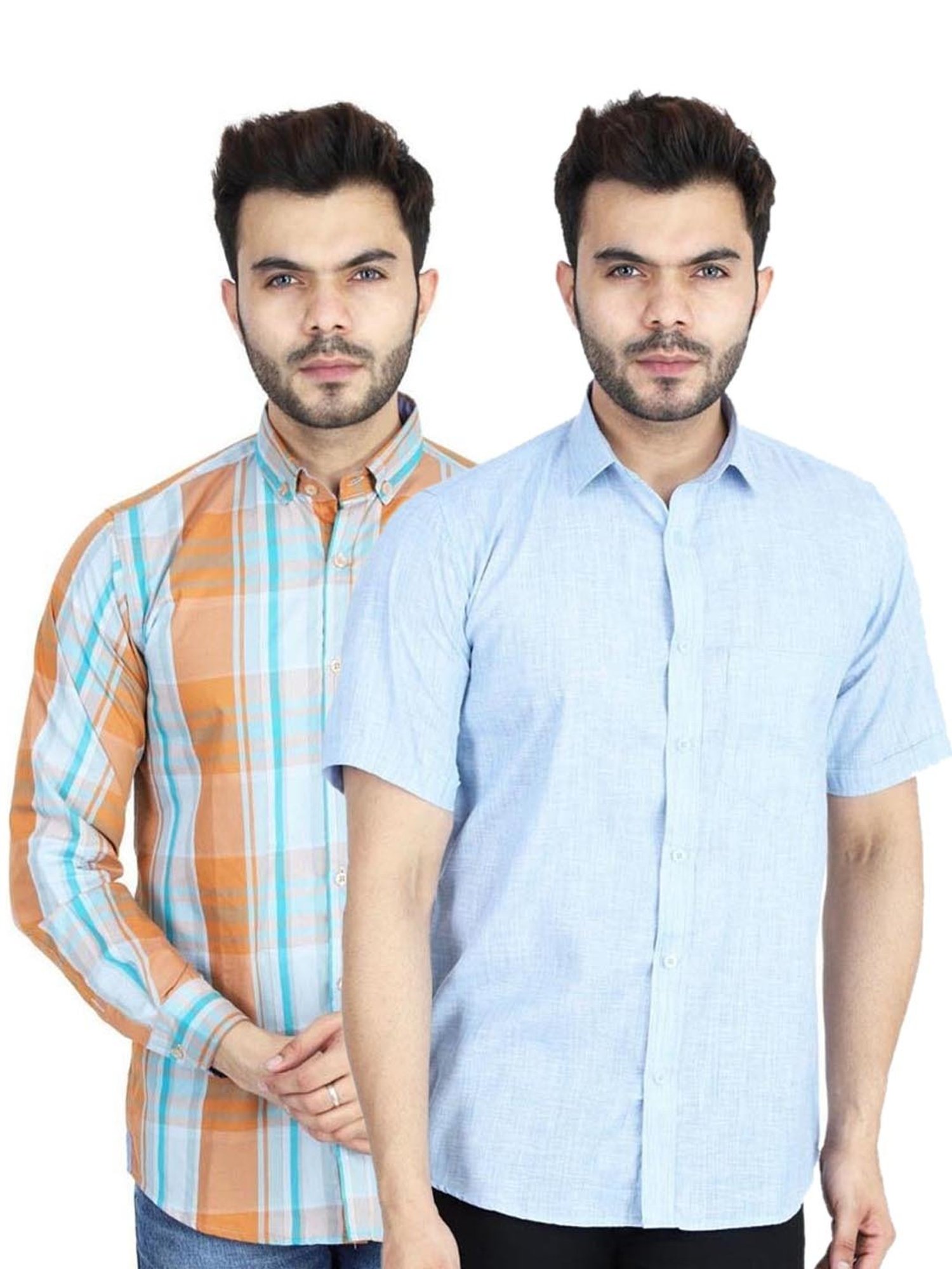 TAHVO Blue & Orange Cotton Slim Fit Shirt Pack of 2
