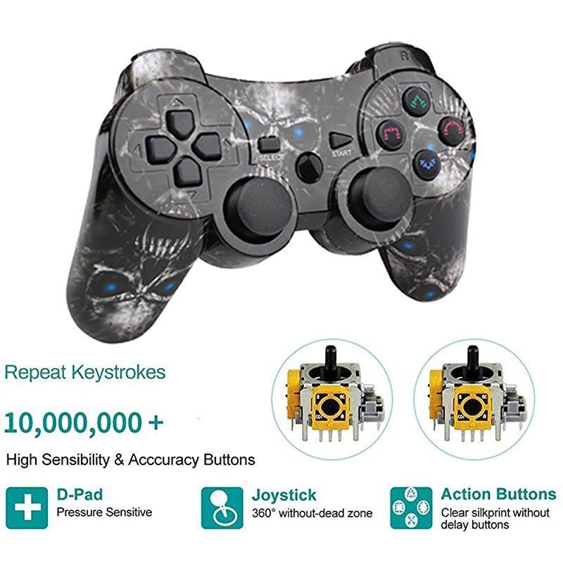 PS3 Controller 2 Pack Wireless Dual Shock Gamepad for Sony Playstation 3 with Charging Cord Skull + Galaxy