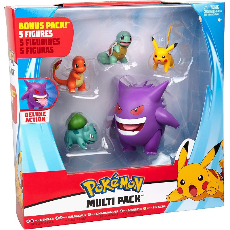 Jazwares Pokemon Figure Multi Pack Set with Deluxe Action Gengar - Includes Pikachu, Squirtle, Charmander, Bulbasaur and Gengar, 5 Pieces