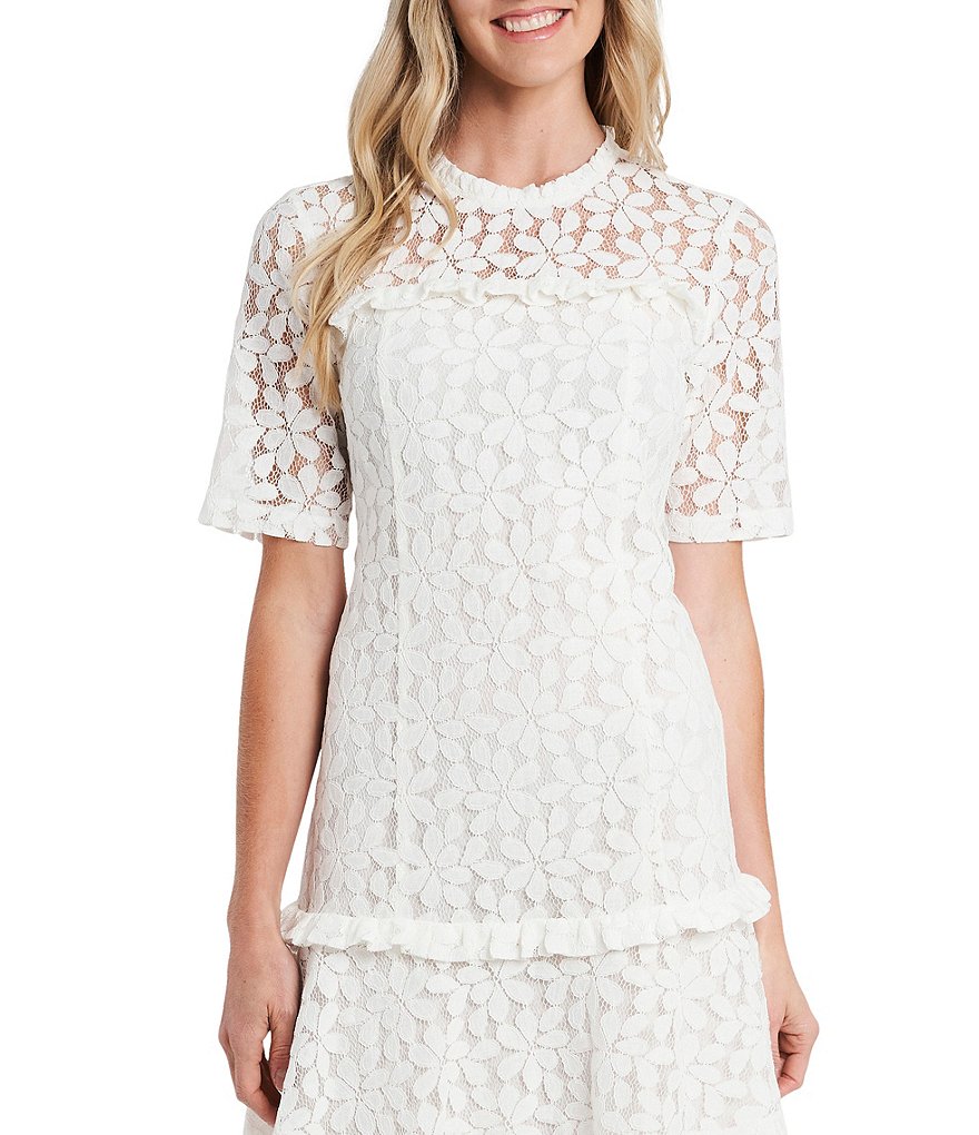 CeCe Elbow Sleeve Illusion Yoke Ruffled Hem Lace Dress