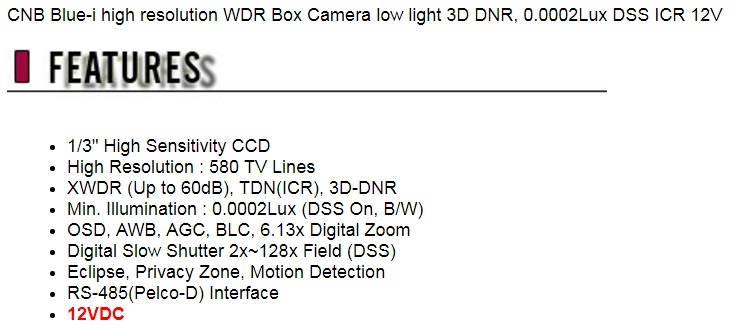 CCTV CNB Blue-i high resolution WDR Box Security Camera low light 3D DNR, 0.0002Lux DSS ICR 12V BBB-20F ( Lens not include )