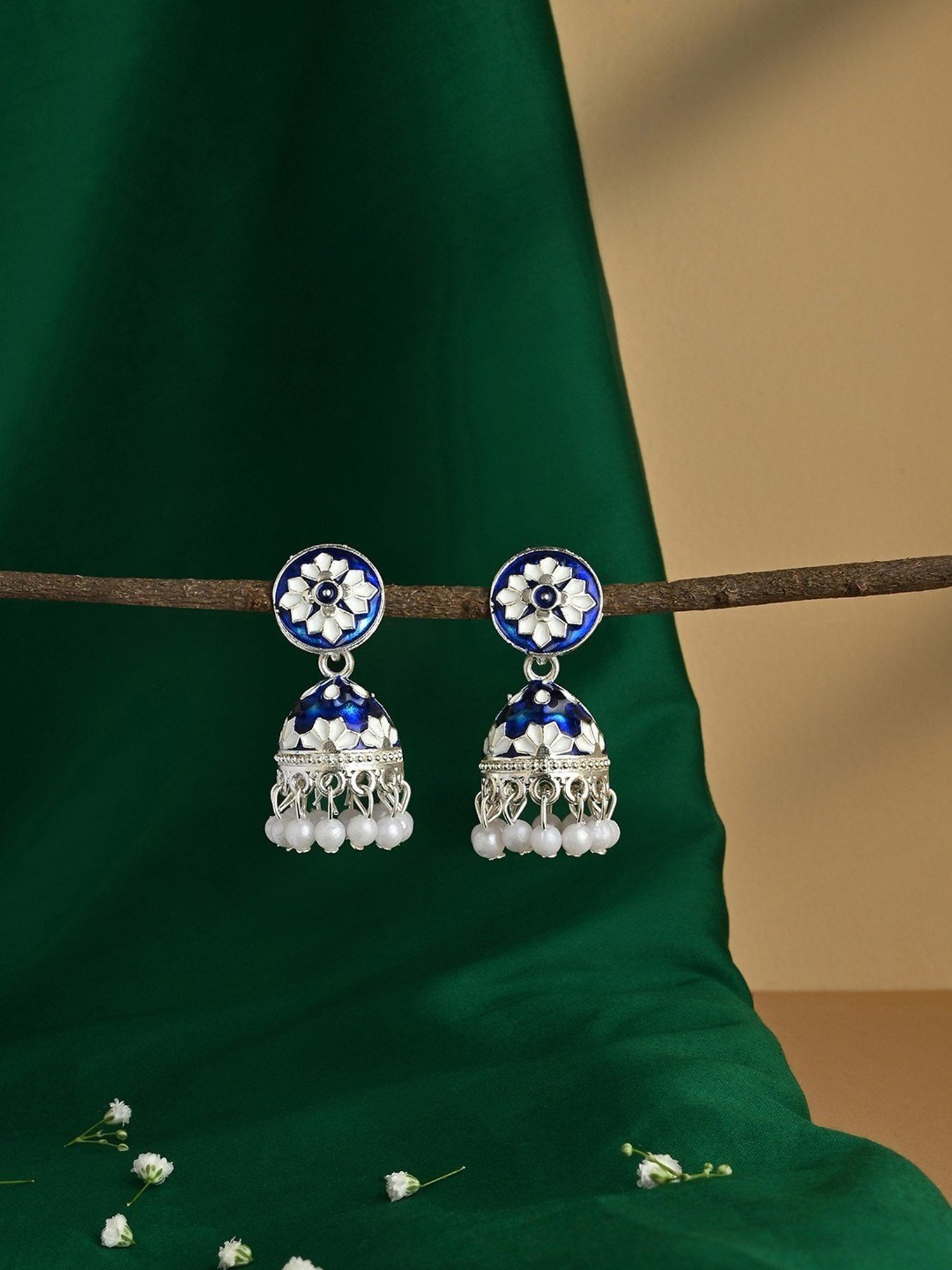 Fida Navy Blue and Silver Plated Pearl Meenakari Jhumki Earrings for Women