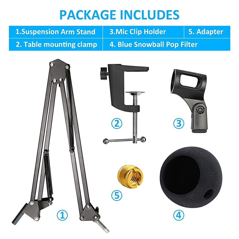 Blue Snowball Mic Boom Arm with Foam Windscreen Suspension Boom Scissor Arm Stand with Pop Filter Cover for Blue Snowball iCE Microphone by
