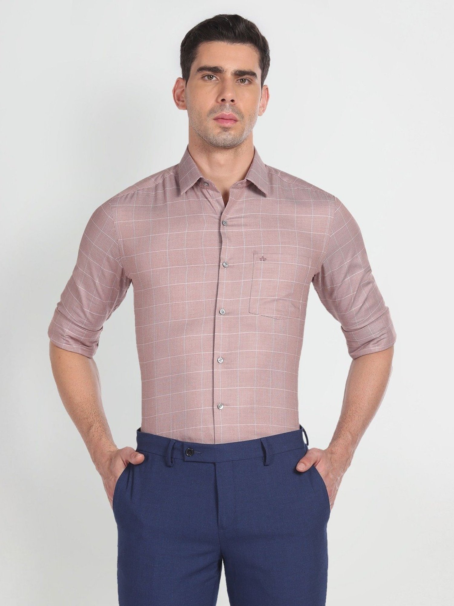 Arrow Orange Cotton Slim Fit Checks Shirt