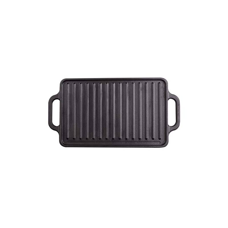 Rectangular Cast Iron Double Burner, Reversible Griddle Grill Seasoned with 100% Kosher Certified Non-GMO Flaxseed Oil, 13 x 8,3 Inch, Black