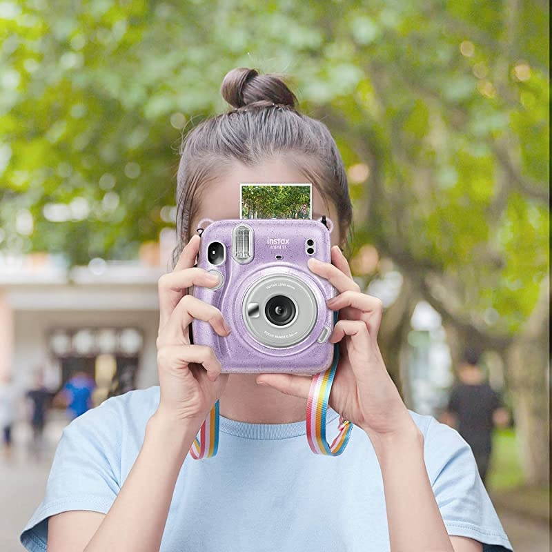 Protective Clear Case for Fujifilm Instax Mini 11 Instant Film Camera Crystal Hard PVC Cover with Removable Rainbow Shoulder Strap Shining Purple