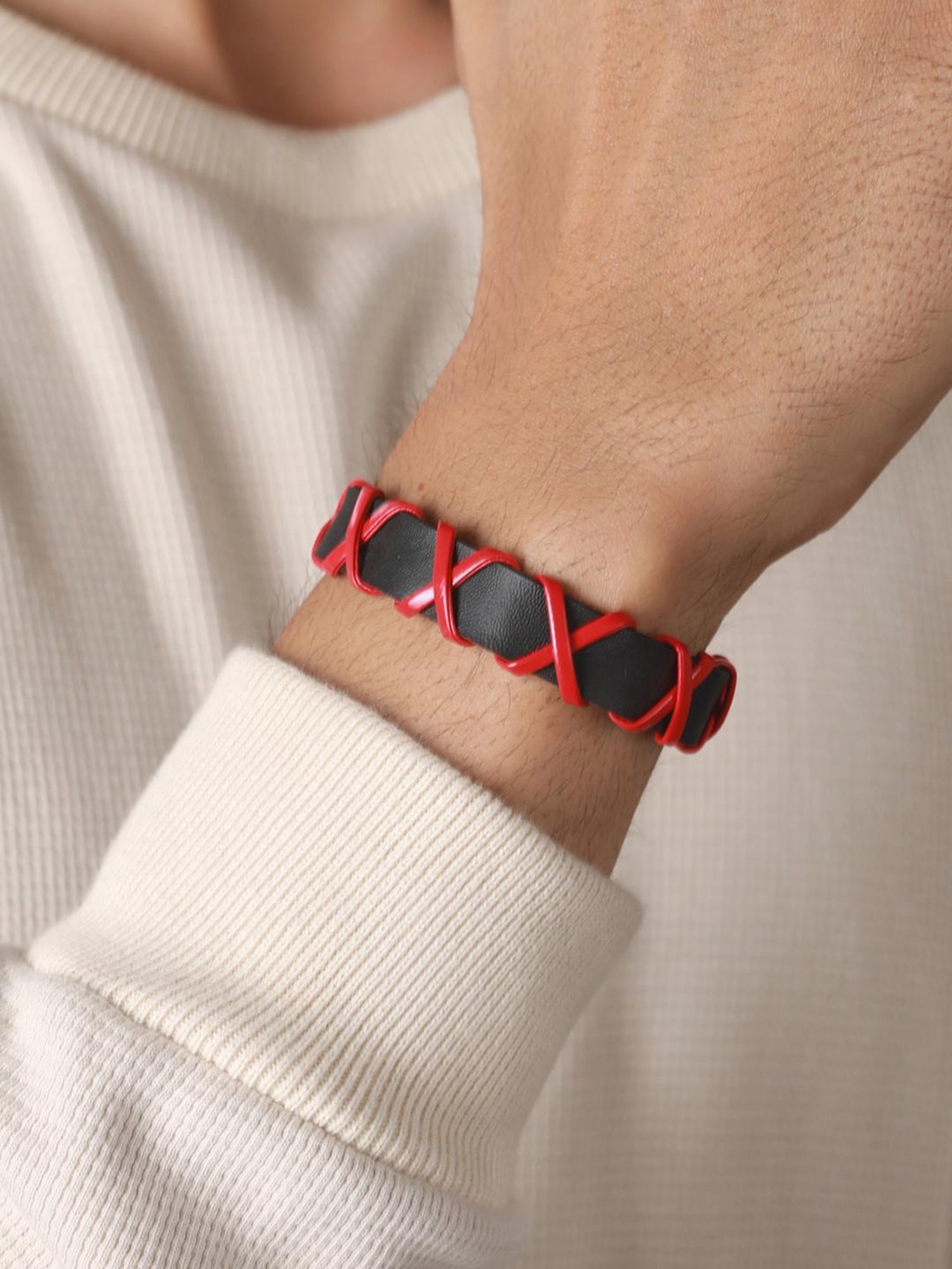 Bold by Priyaasi Black Red Cross PU Wraparound Bracelet for Men