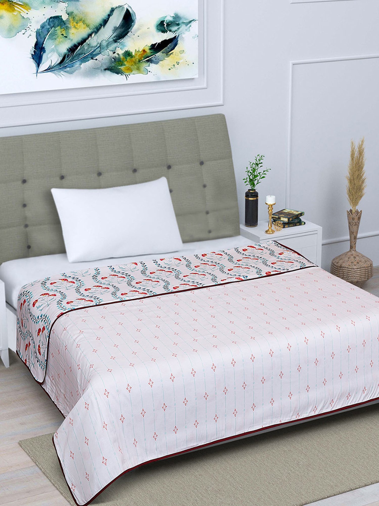 Romee White Cotton Floral Blankets Quilts and Dohars
