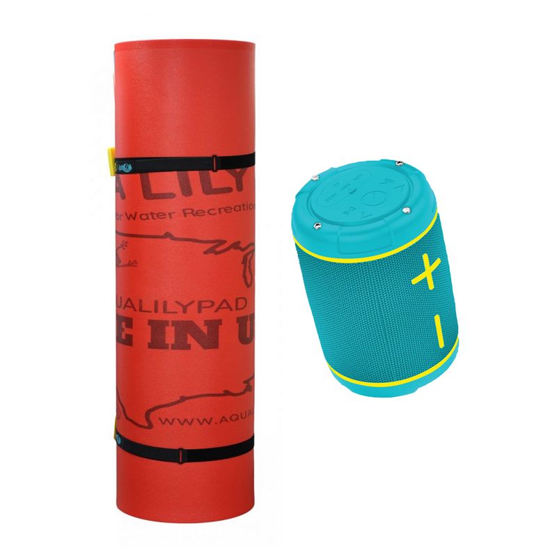 Aqua Lily Pad 16' All American Floating Foam Island Mat and Floating Waterproof Bluetooth Speaker with Built In Subwoofer, Teal