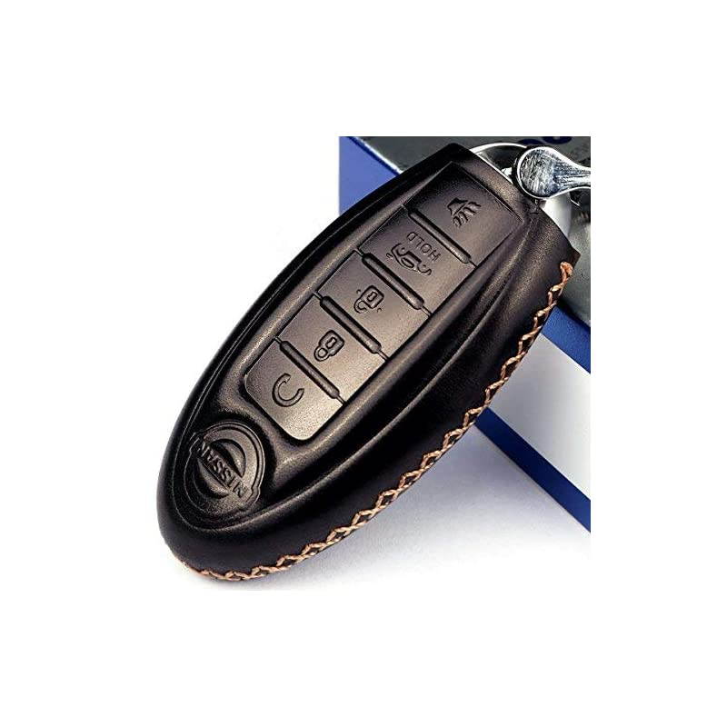 Calfskin Genuine Leather 20082018 Nissan Altima Maxima Murano Pathfinder Rogue Armada Key fob Cover case Holder only for 5 Buttons Black Color 5 Buttons