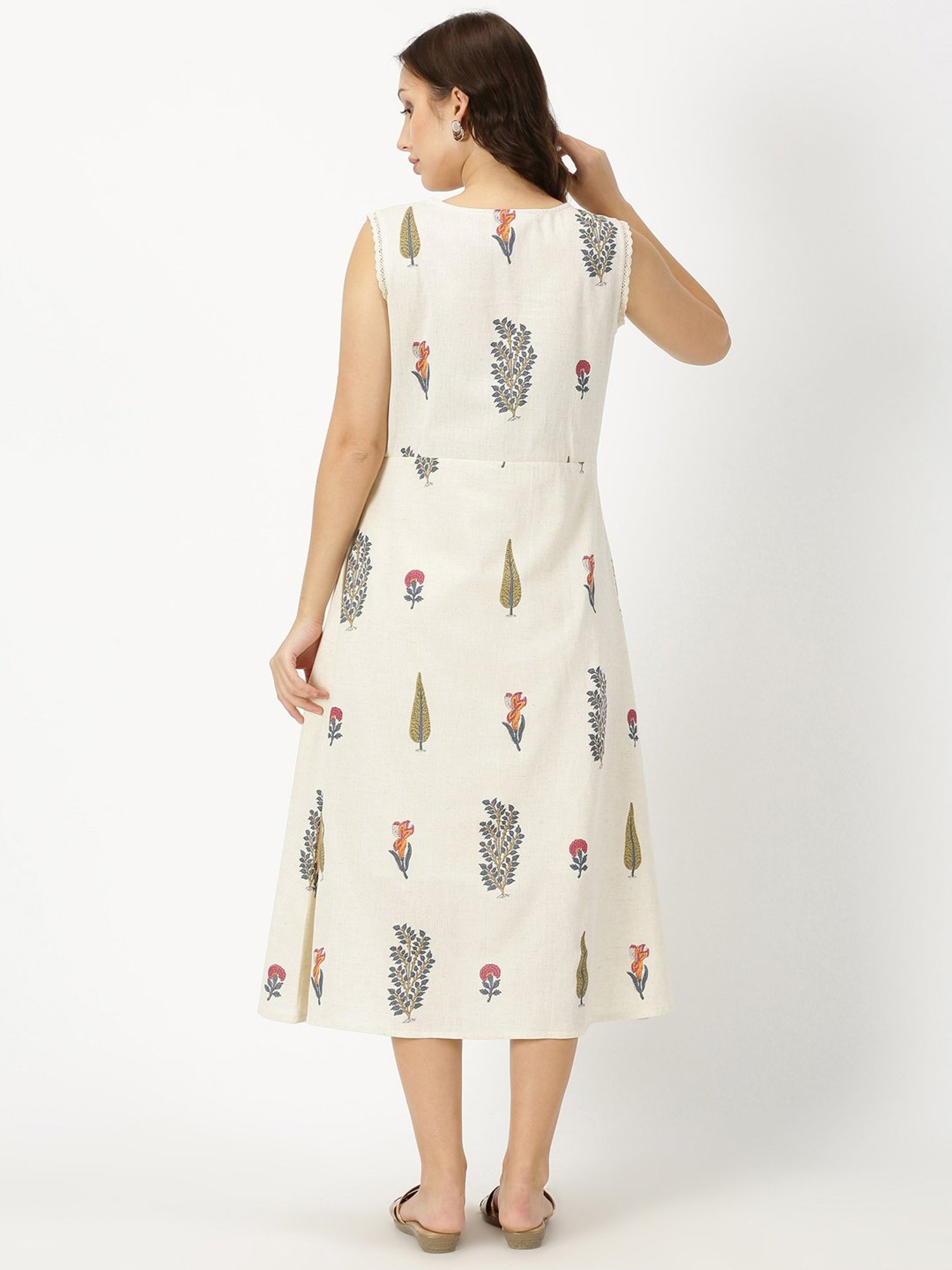 Saffron Threads Off White Cotton Floral Print Ethnic Dress