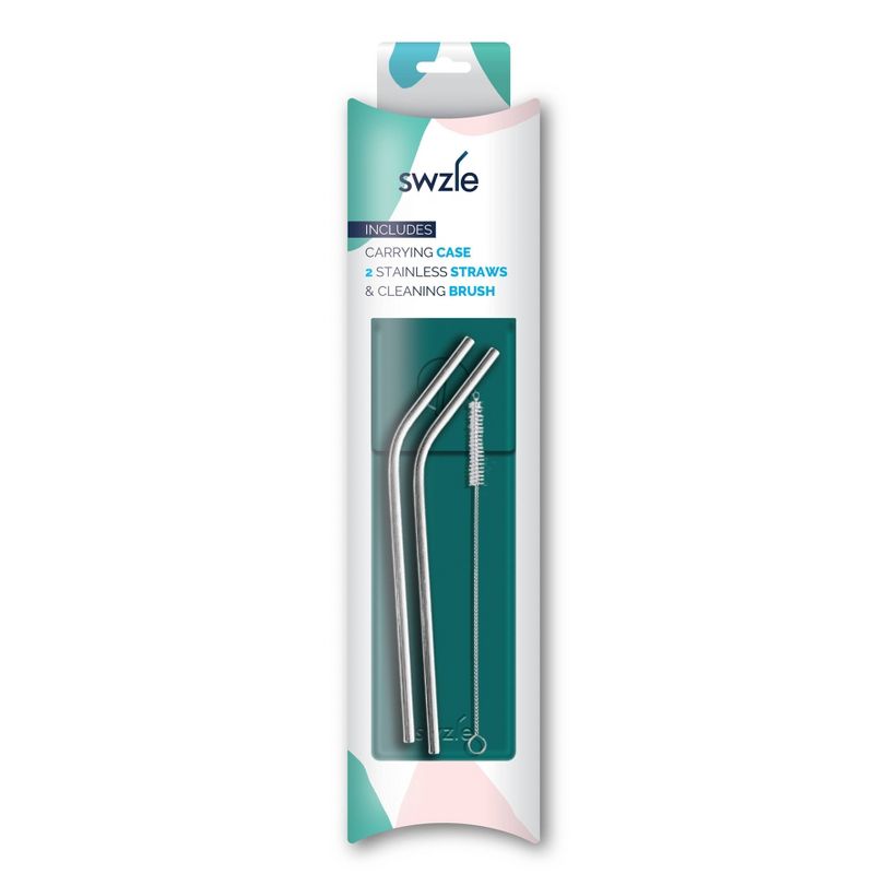SWZLE Pack of 2 Reusable Stainless Steel Drinking Straws with Cleaning Brush and Case - Marine Green