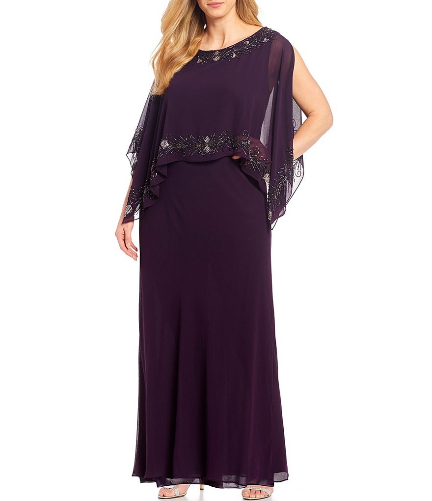Jkara Plus Size Beaded Pop Over Bateau Neck 3/4 Capelet Sleeve Capelet Gown