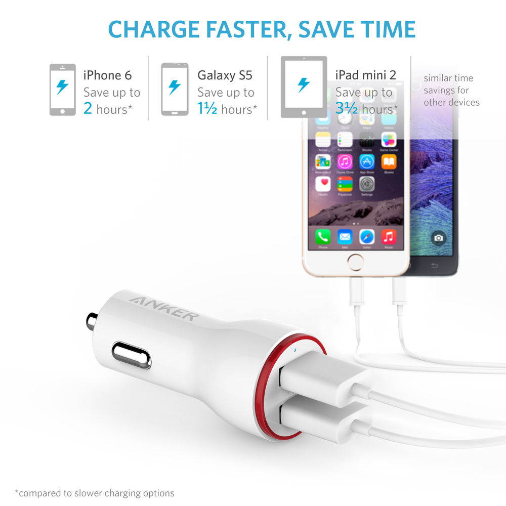 Anker PowerDrive 2 24W 2-Port USB Car Charger + 3ft Micro USB to USB Cable Combo