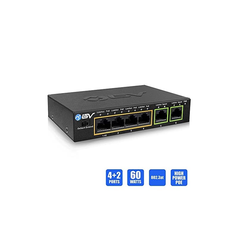 6 Port PoE+ Switch 4 PoE+ Ports with 2 Ethernet Uplink and Extend Function 60W 8023at + 1 High Power PoE Port