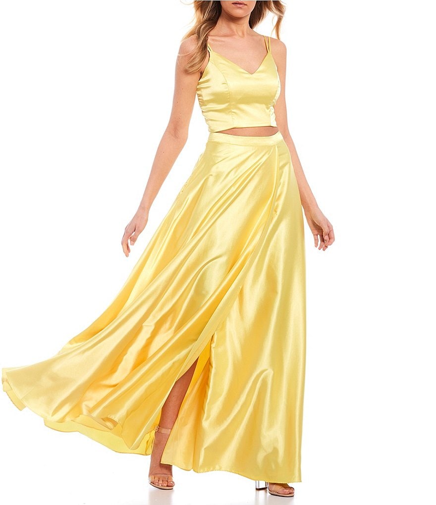 Midnight Doll Spaghetti Strap Satin Two-Piece Long Dress