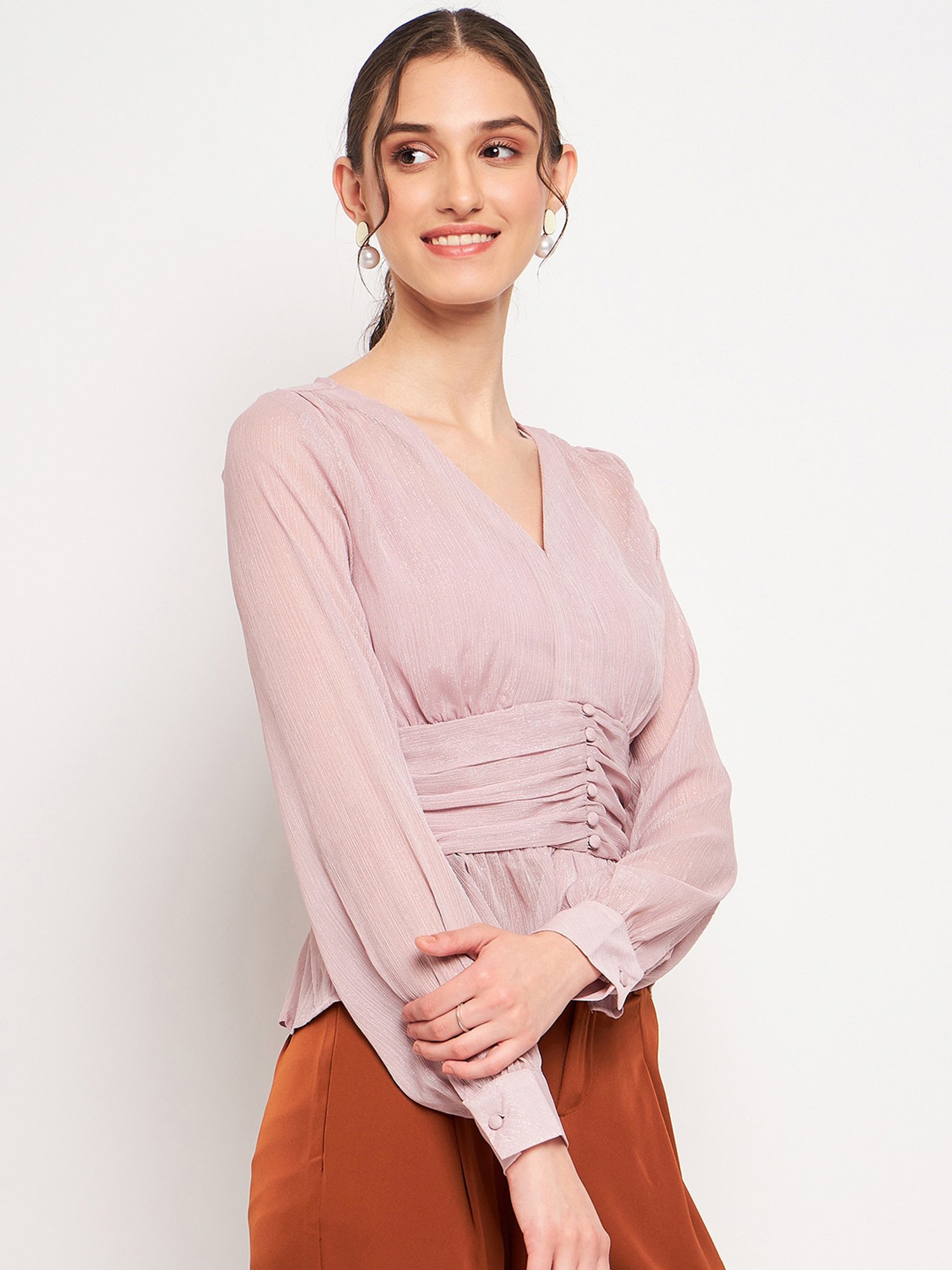 MADAME Pink Regular Fit Peplum Top