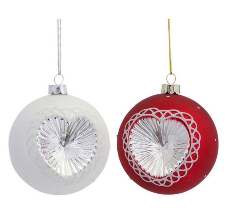 Melrose Pack of 6 Red and White Christmas Ball Ornaments with Silver Hearts 3"