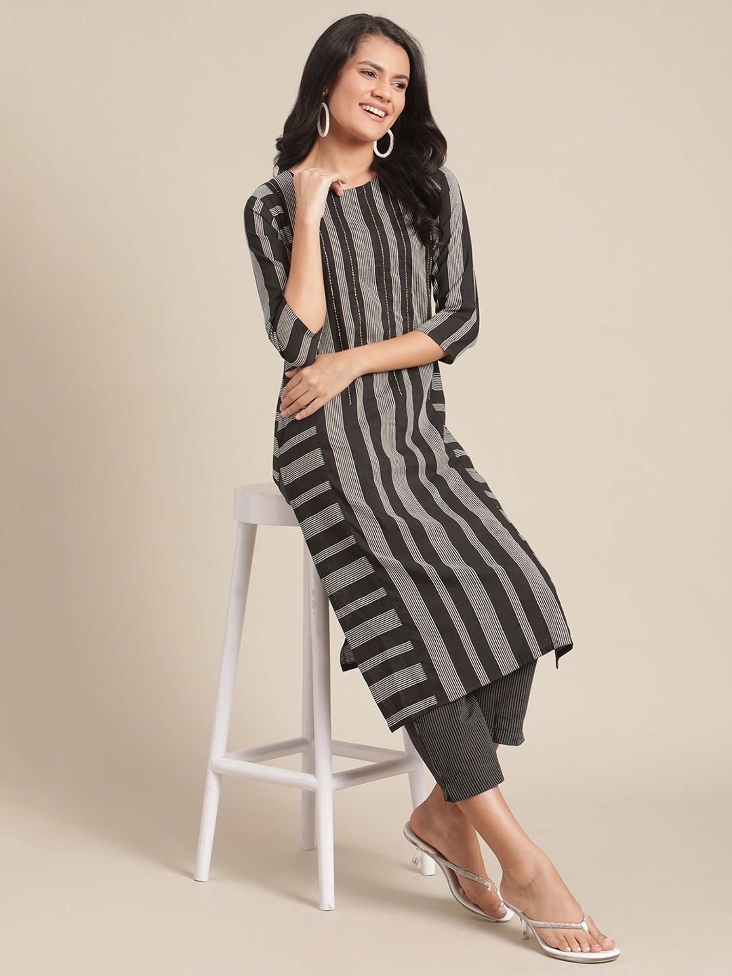 KSUT Black Cotton Blend Striped Kurta Pant Set