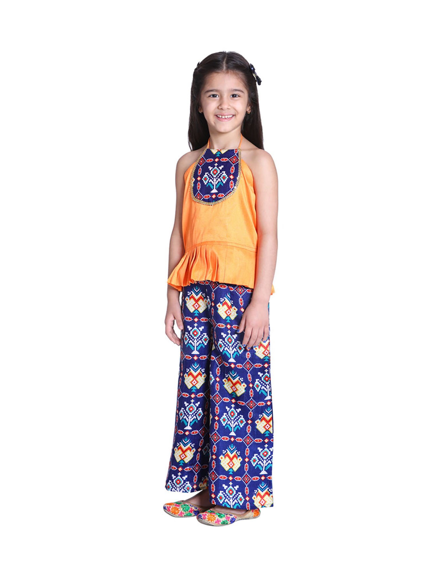 BownBee Kids Blue & Yellow Printed Patola with Palazzo