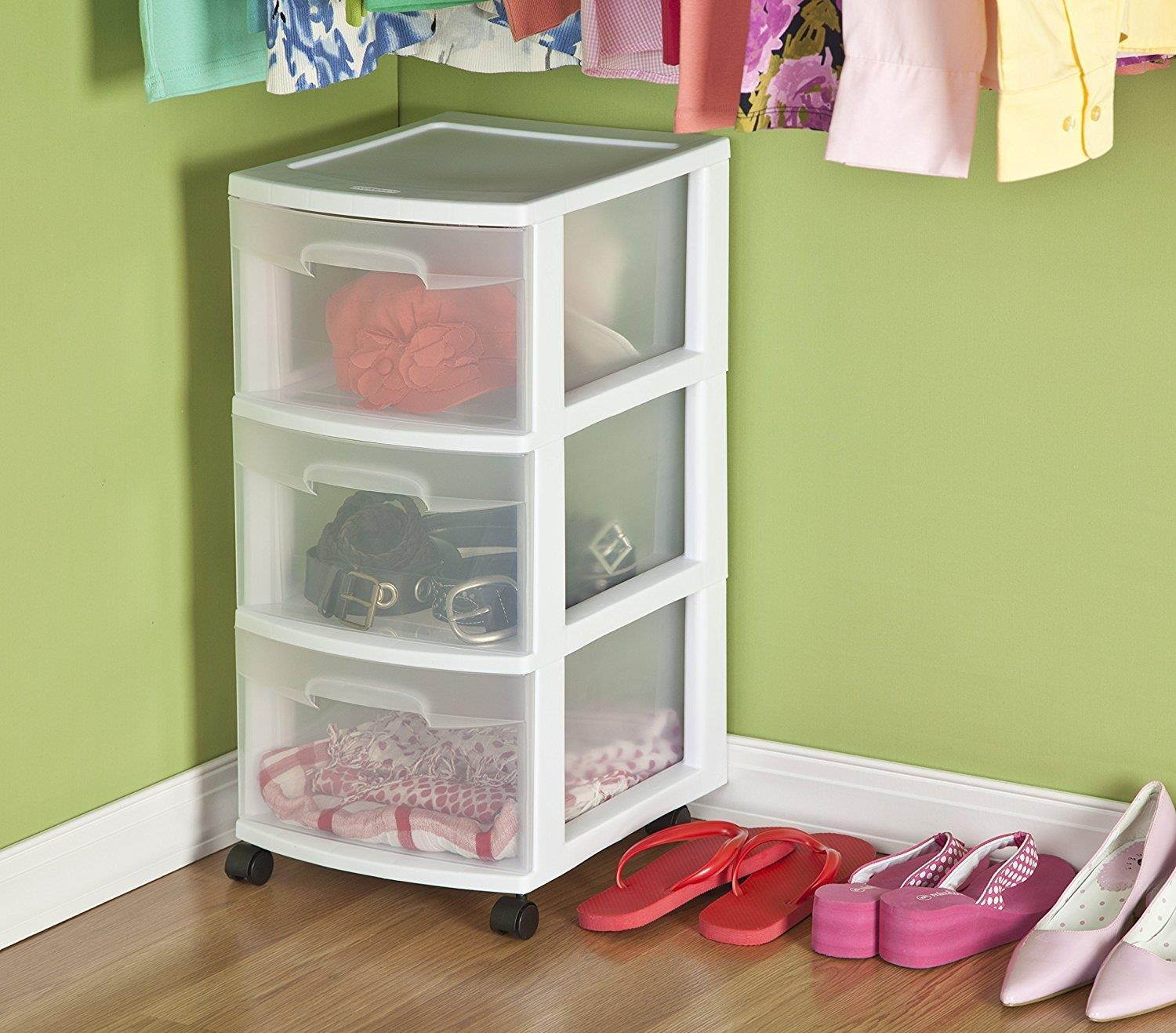 STERILITE 3 Drawer Cart, White Frame with Clear Drawers and Black Casters, (2-Pack)